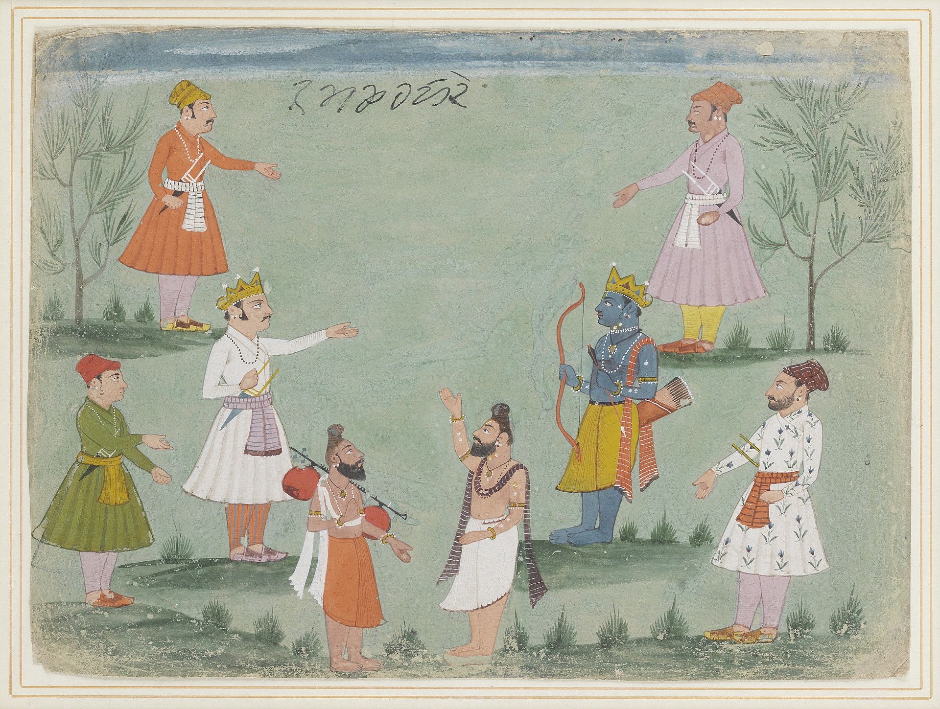 An illustration from a Ramayana series, depicting Rama and Bharata meeting in the forest, with tw...