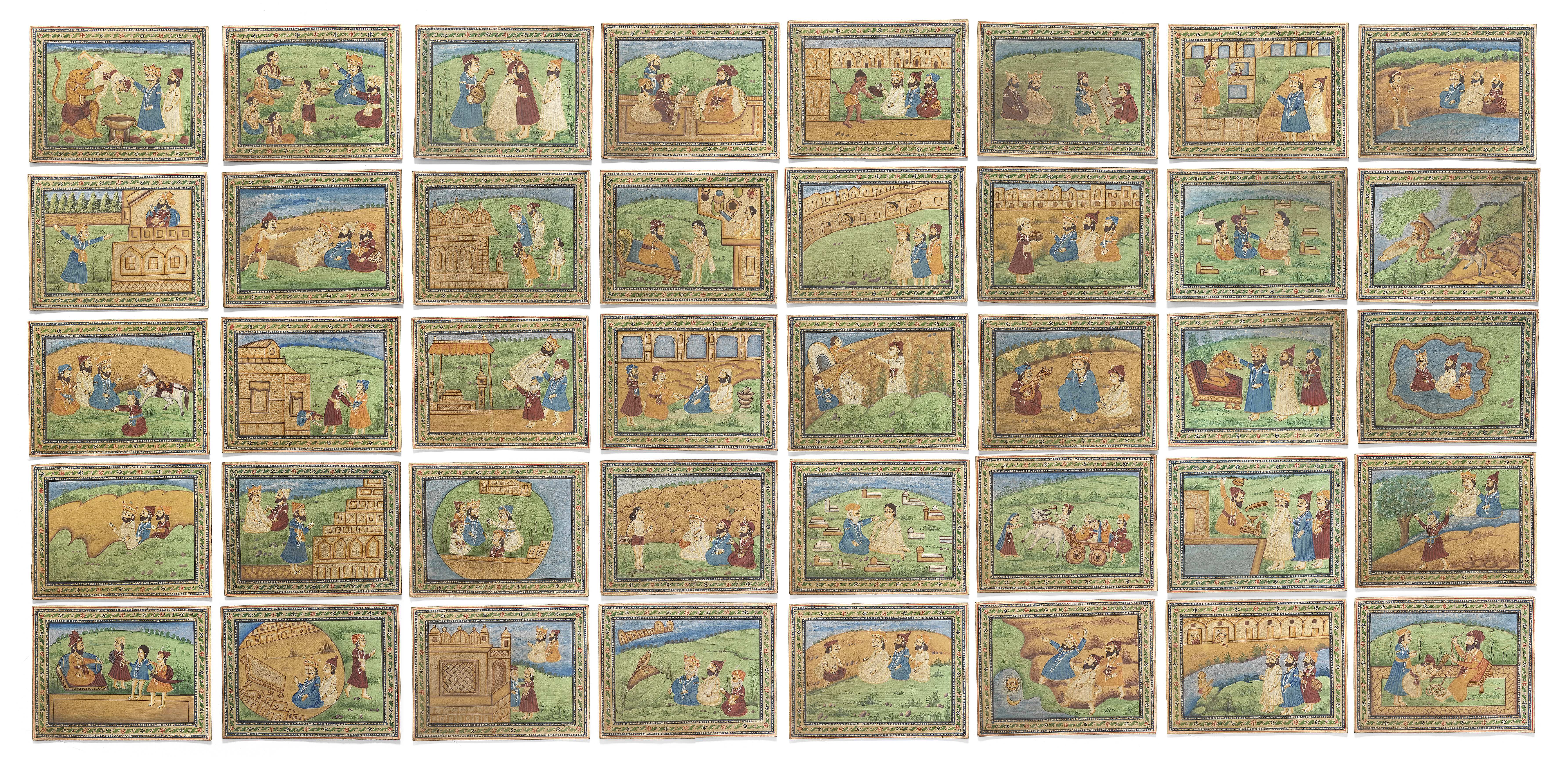 A large group of fifty illustrations to a life of Guru Nanak (janamsakhi) Punjab Plains, late 19t...