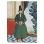 A Persian dignitary wearing a green coat, standing on a palace terrace with a landscape beyond, b...