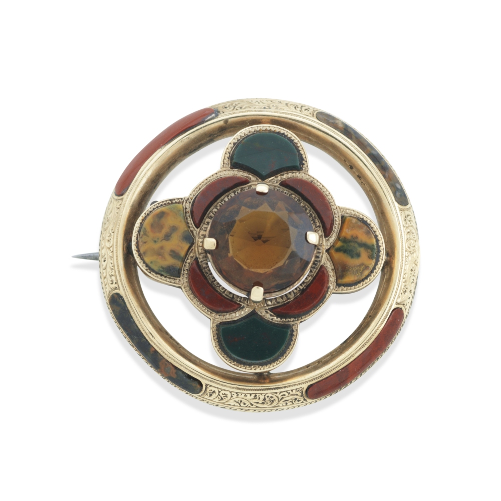 A GOLD, CITRINE AND HARDSTONE BROOCH, VICTORIAN