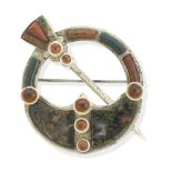 A SILVER, CITRINE AND HARDSTONE HUNTERSTON STYLE BROOCH, VICTORIAN