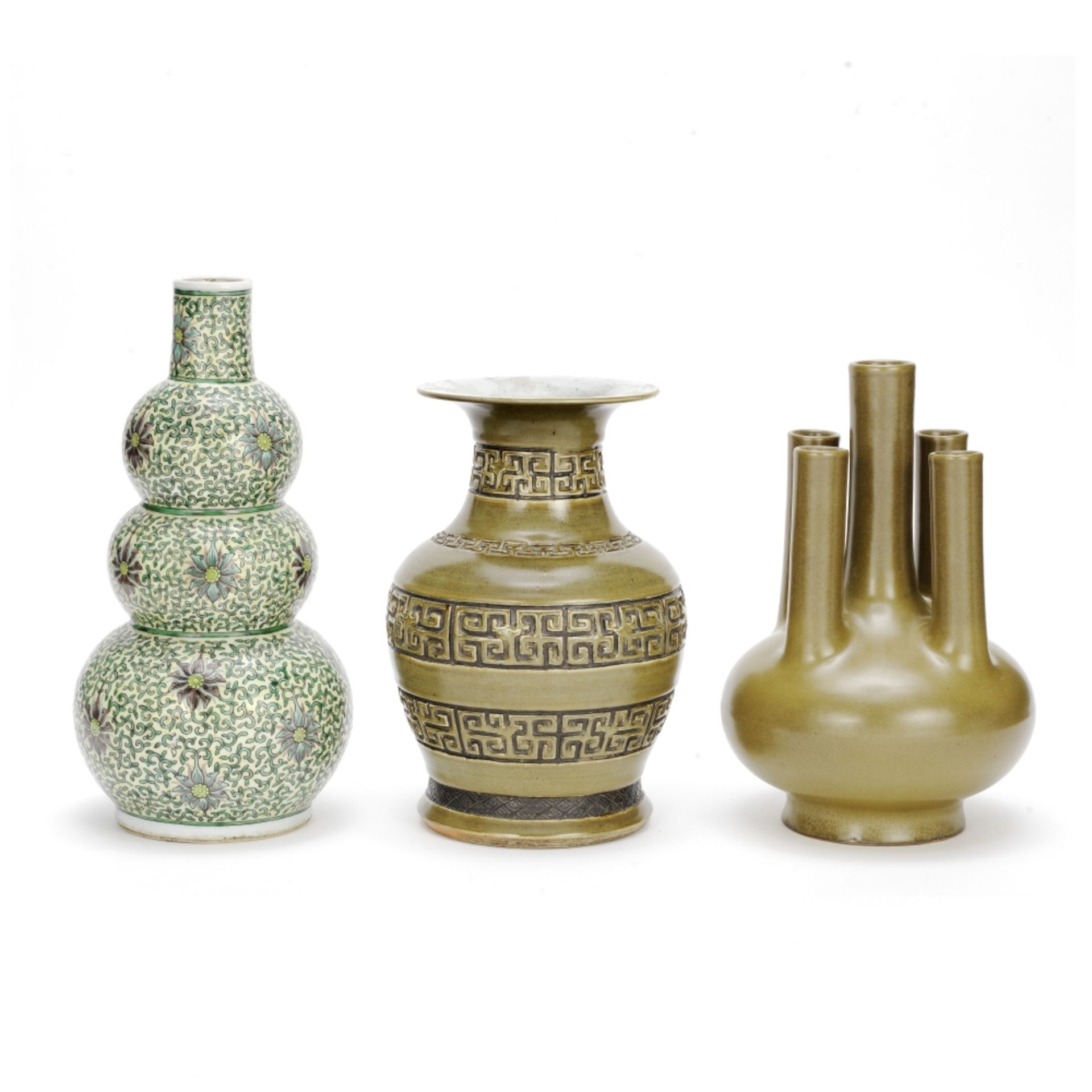 A GROUP OF TWO TEADUST VASES AND A POLYCHROME VASE Kangxi six-character mark, 19th/20th century (3)