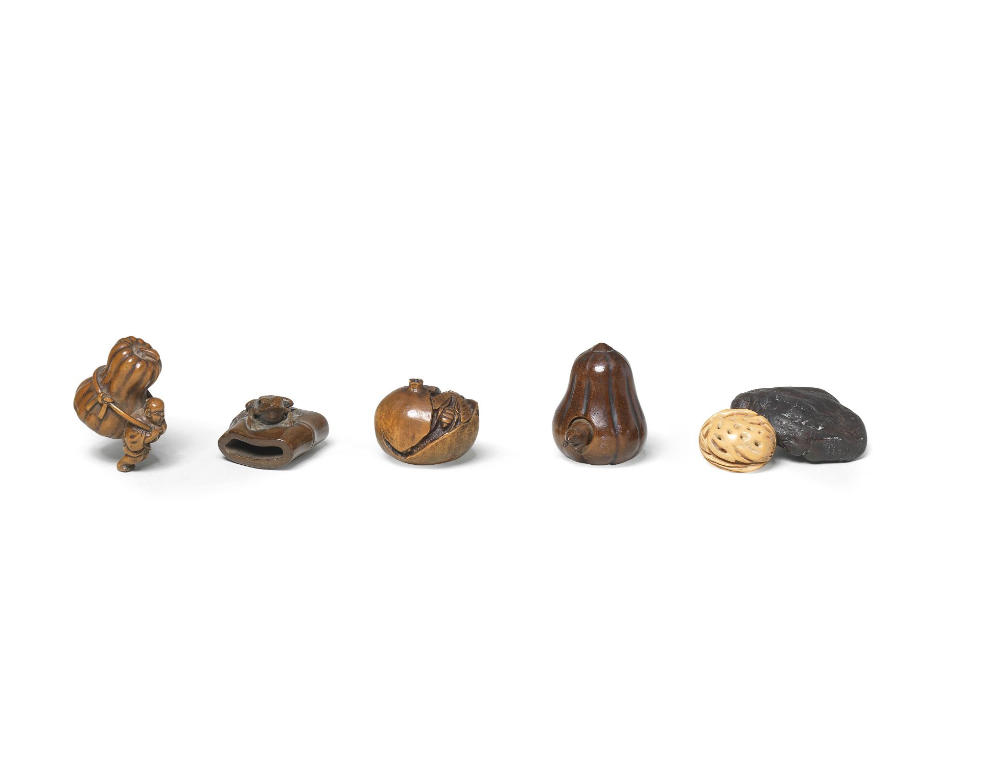 FIVE WOOD NETSUKE Edo period (1615-1868) to Meiji era (1868-1912), 19th century (5)