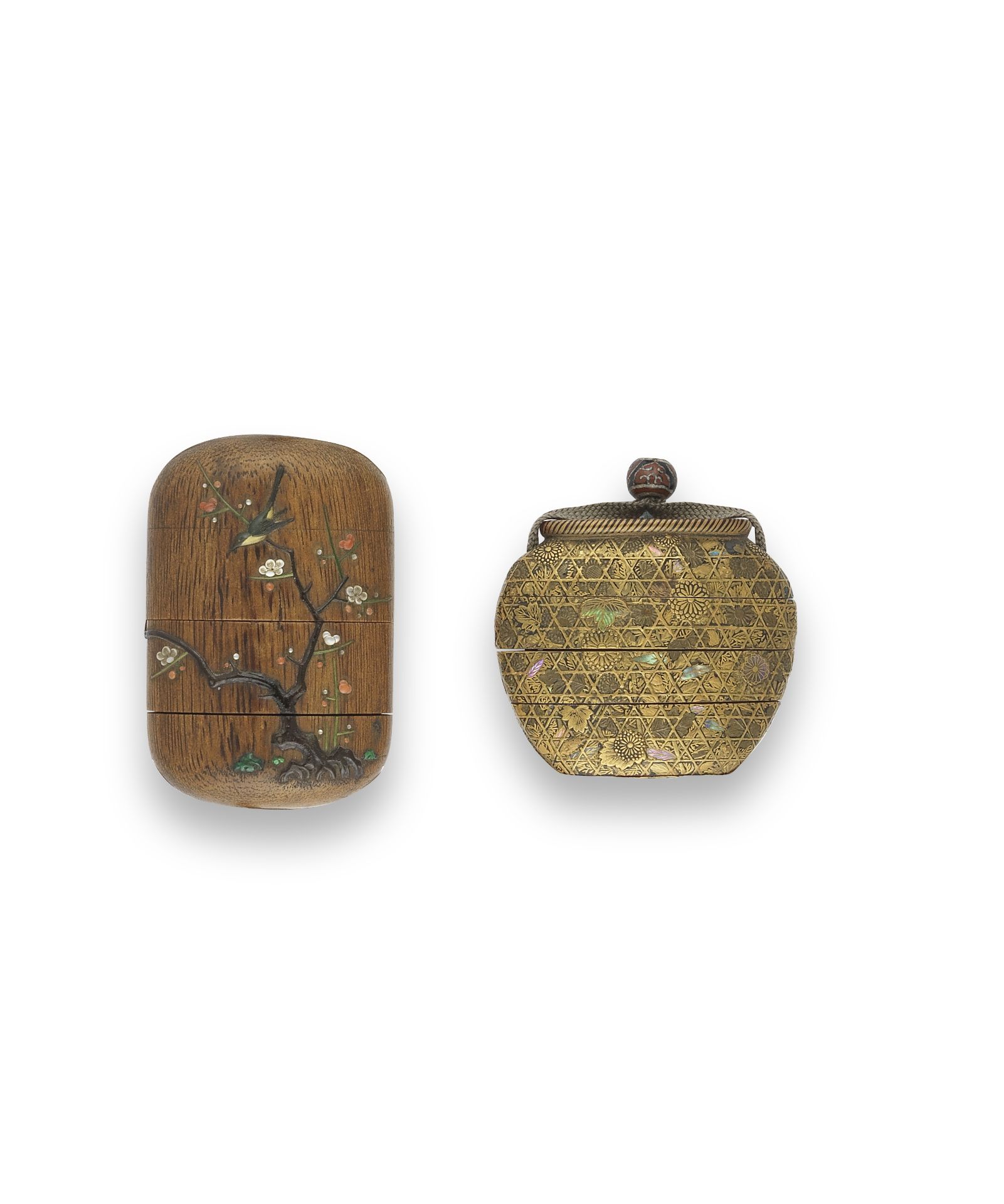ONE GOLD-LACQUERED THREE-CASE INRO AND ONE INLAID WOOD THREE-CASE INRO Edo period (1615-1868) or ...