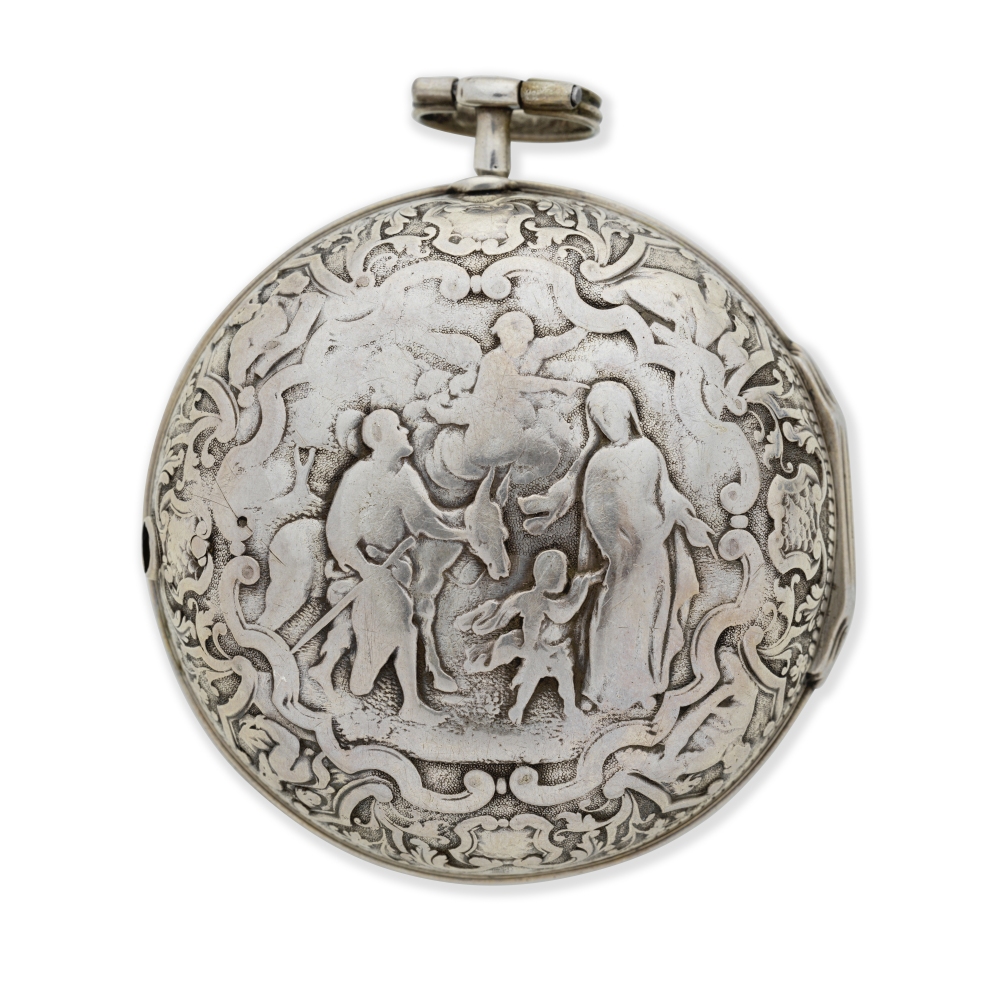 Roget, London. A silver key wind pair case pocket watch with cast decoration Circa 1700
