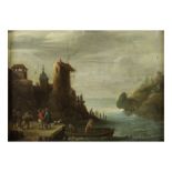 Cercle de David Teniers I (Anvers 1582-1649) Paysage fluviale avec des personnages sur les rives ...