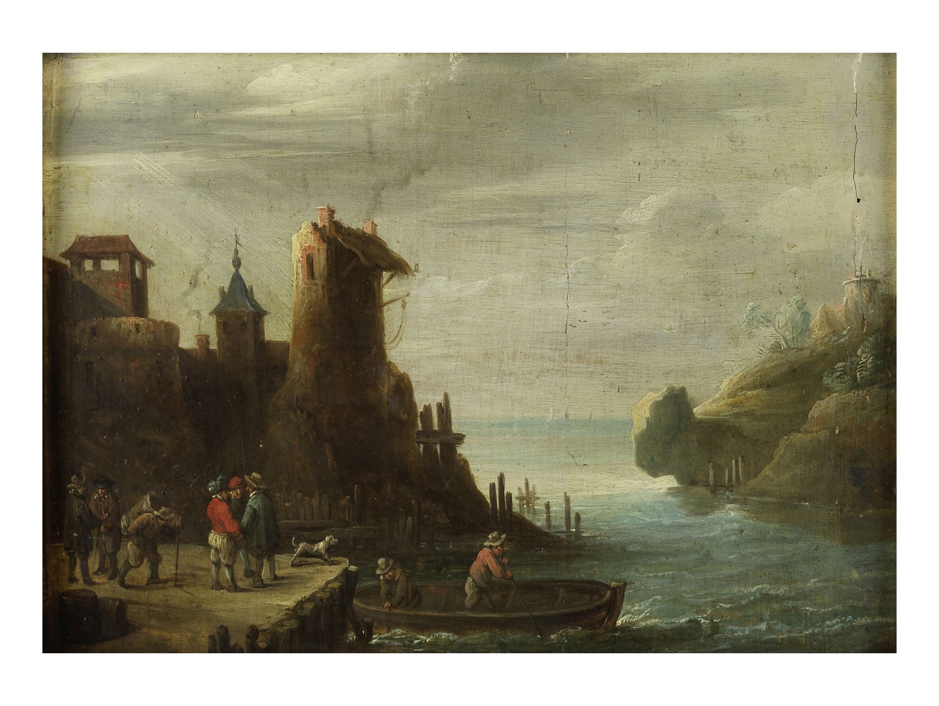 Cercle de David Teniers I (Anvers 1582-1649) Paysage fluviale avec des personnages sur les rives ...