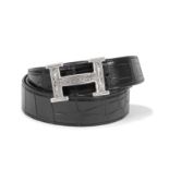 Herm&#232;s: a Sterling Silver Touareg H Buckle and Black Crocodile Belt 2013 (includes dust bag ...