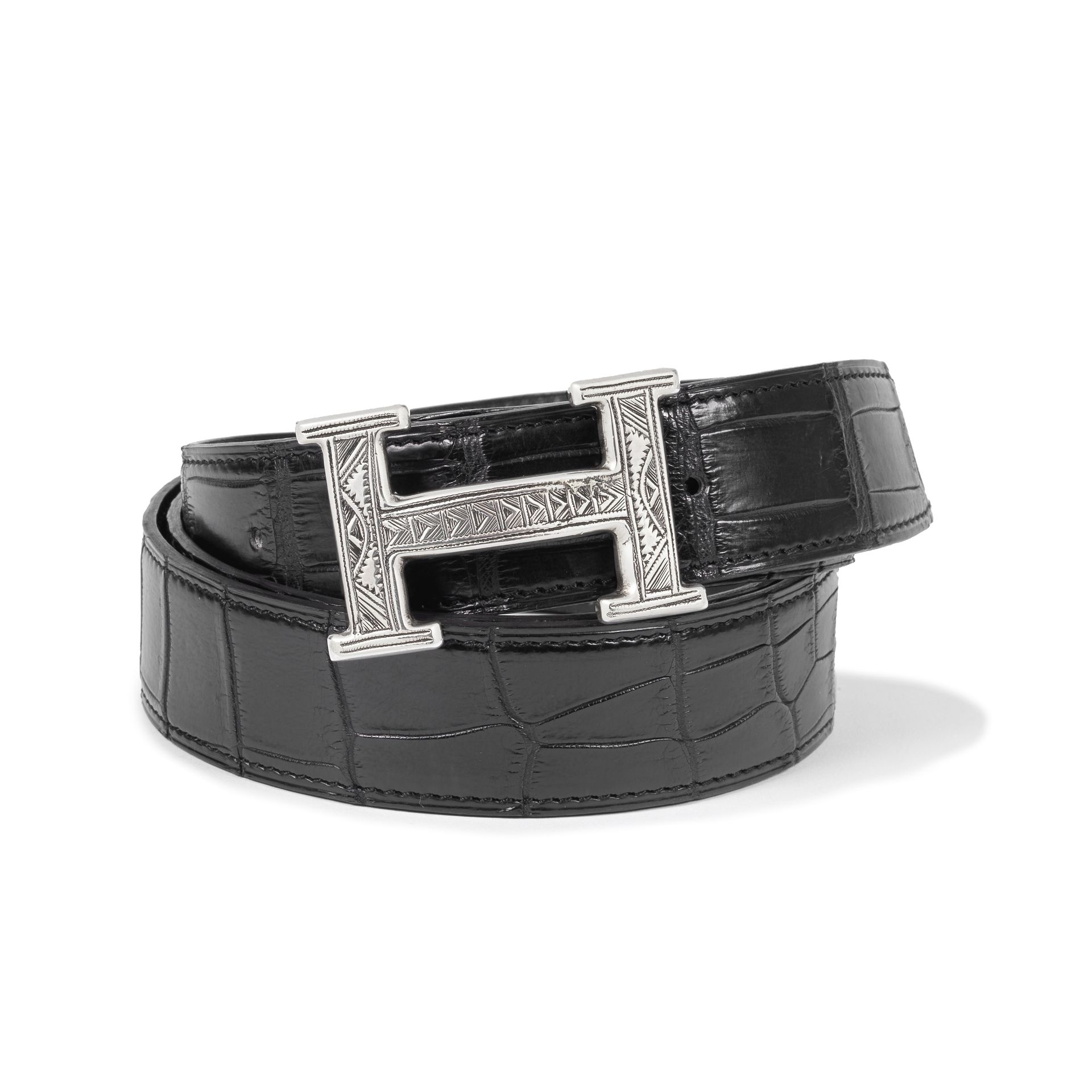 Herm&#232;s: a Sterling Silver Touareg H Buckle and Black Crocodile Belt 2013 (includes dust bag ...