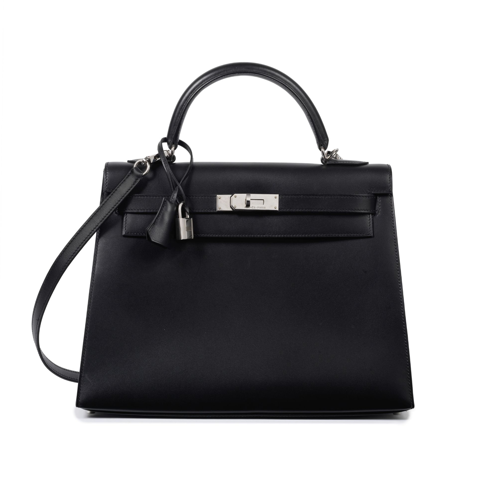 Herm&#232;s: a Black Box Leather Sellier Kelly 32 2003 (includes padlock, keys, cloche, shoulder ...