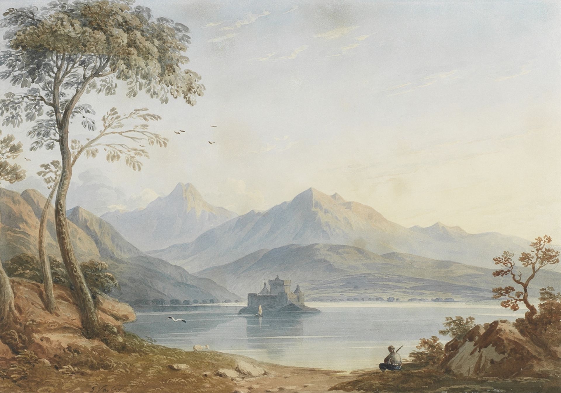 John Varley OWS (British, 1778-1842) Loch landscape with castle traditionally identified as Kilch...