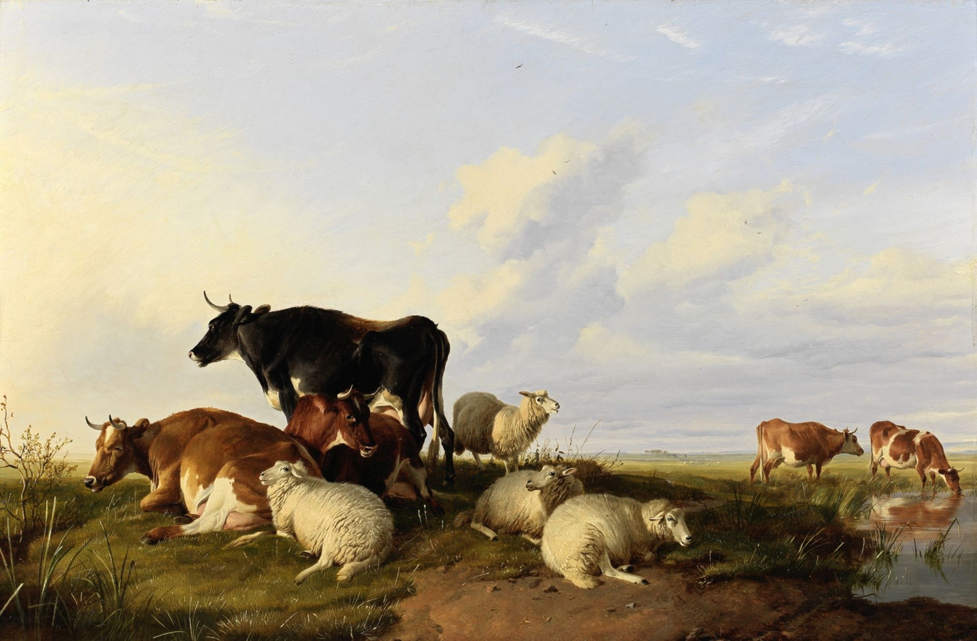 Thomas Sidney Cooper, RA (British, 1803-1902) Sheep and cattle resting by the riverbank