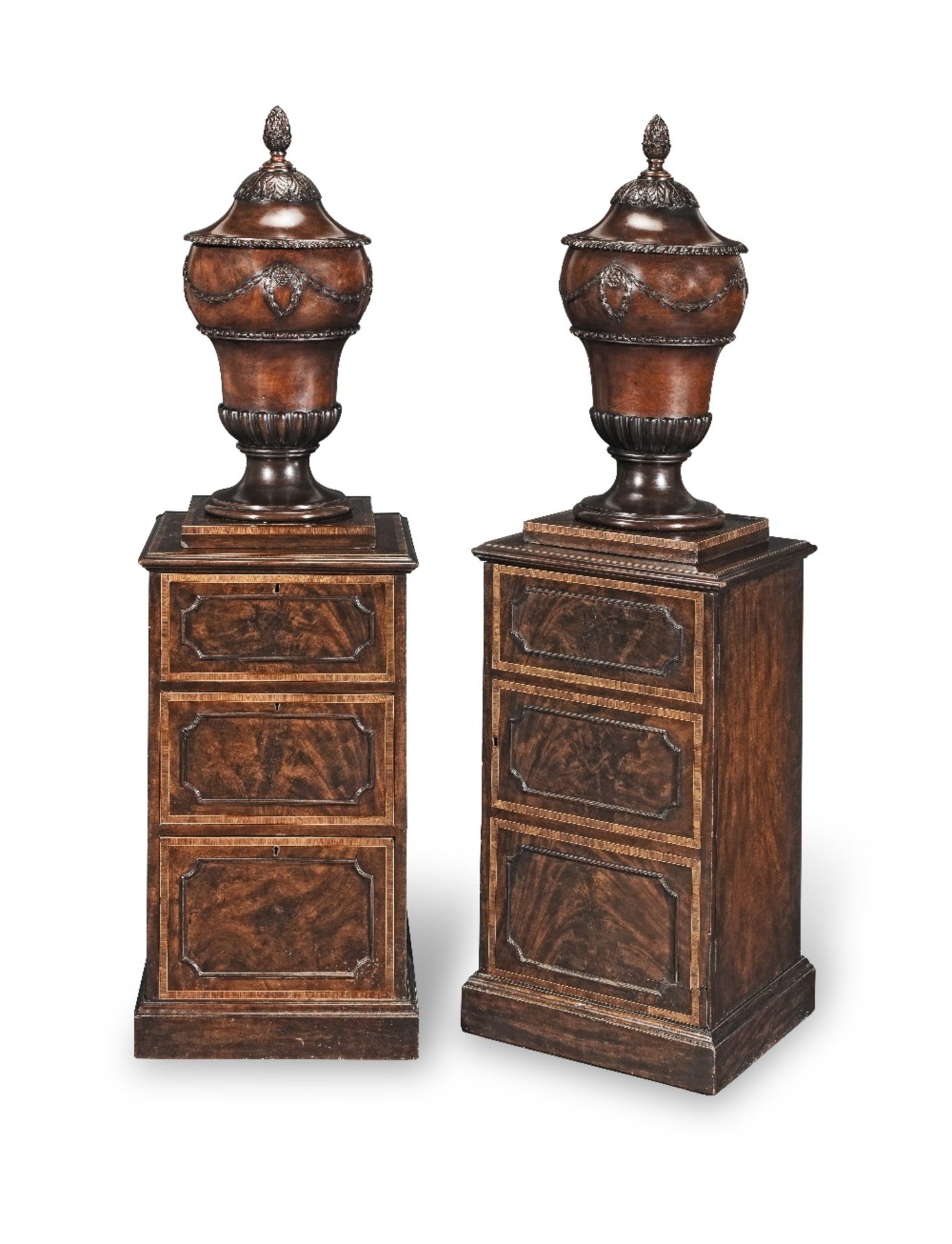 A pair of George III mahogany and kingwood crossbanded urns and pedestals Circa 1780, of Gillows ... - Image 2 of 3