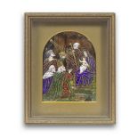 A Limoges style enamel plaque depicting the Adoration of the Magi, mounted within a later glazed ...