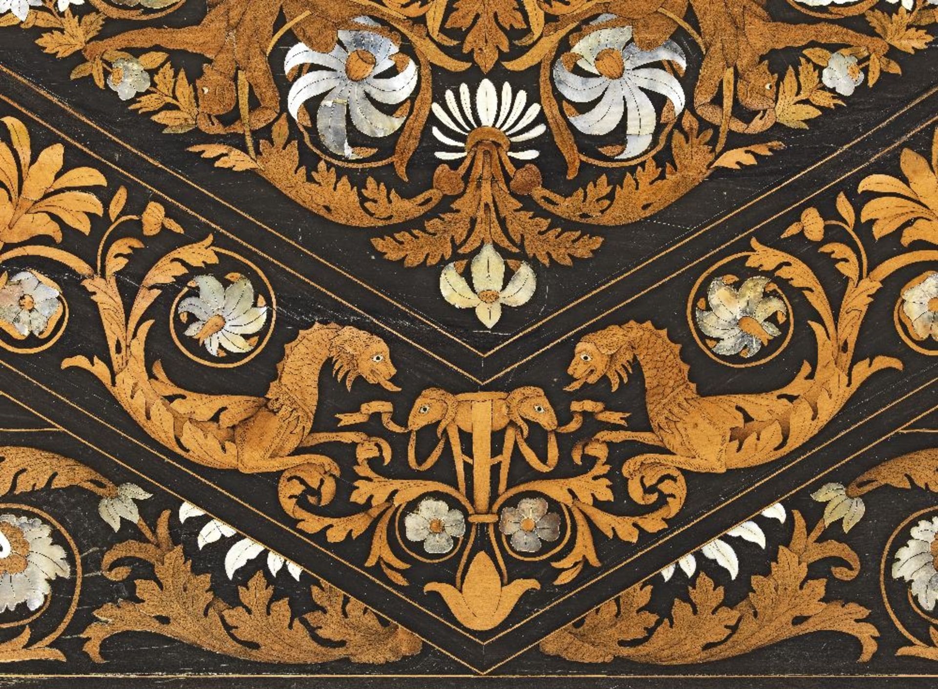 An Italian mid 19th century ebony, walnut, ivory, mother of pearl and fruitwood marquetry ebonise... - Image 2 of 4