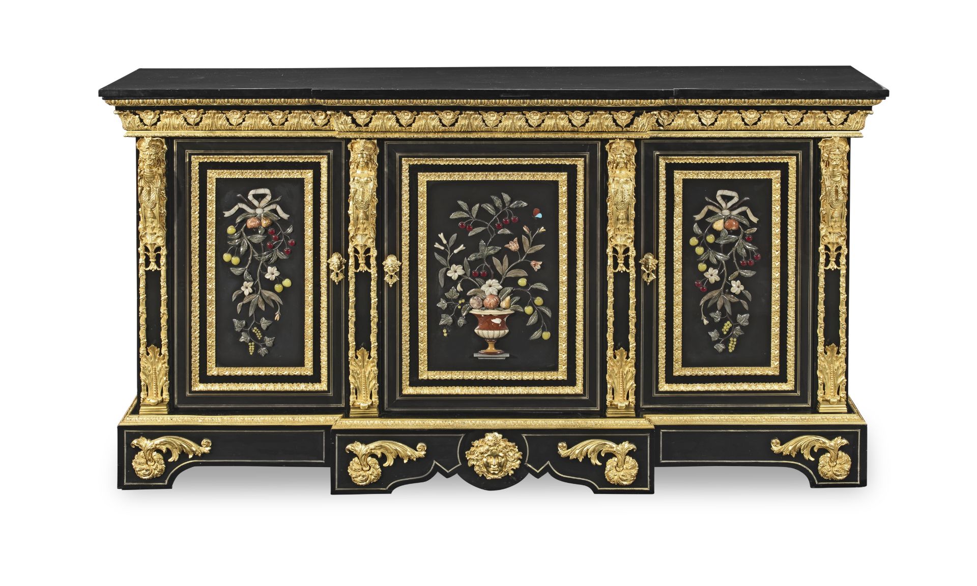 A Napoleon III ormolu and hardstone mounted ebony and ebonised buffet a hauteur d'appui or side c...