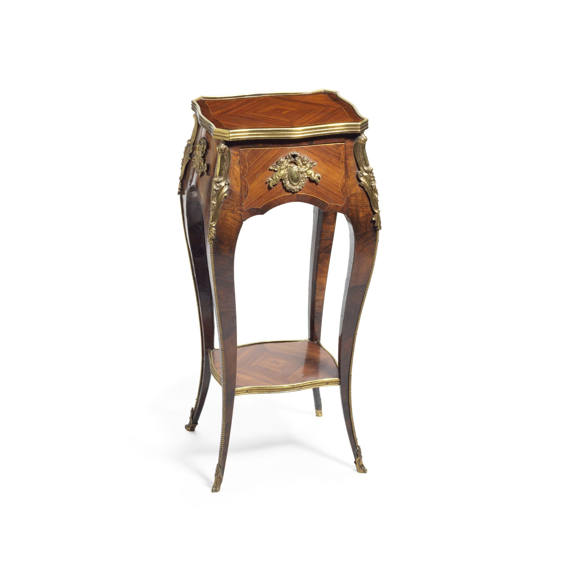 A George III ormolu mounted tulipwood and rosewood table de salon or table ambulante attributed t...