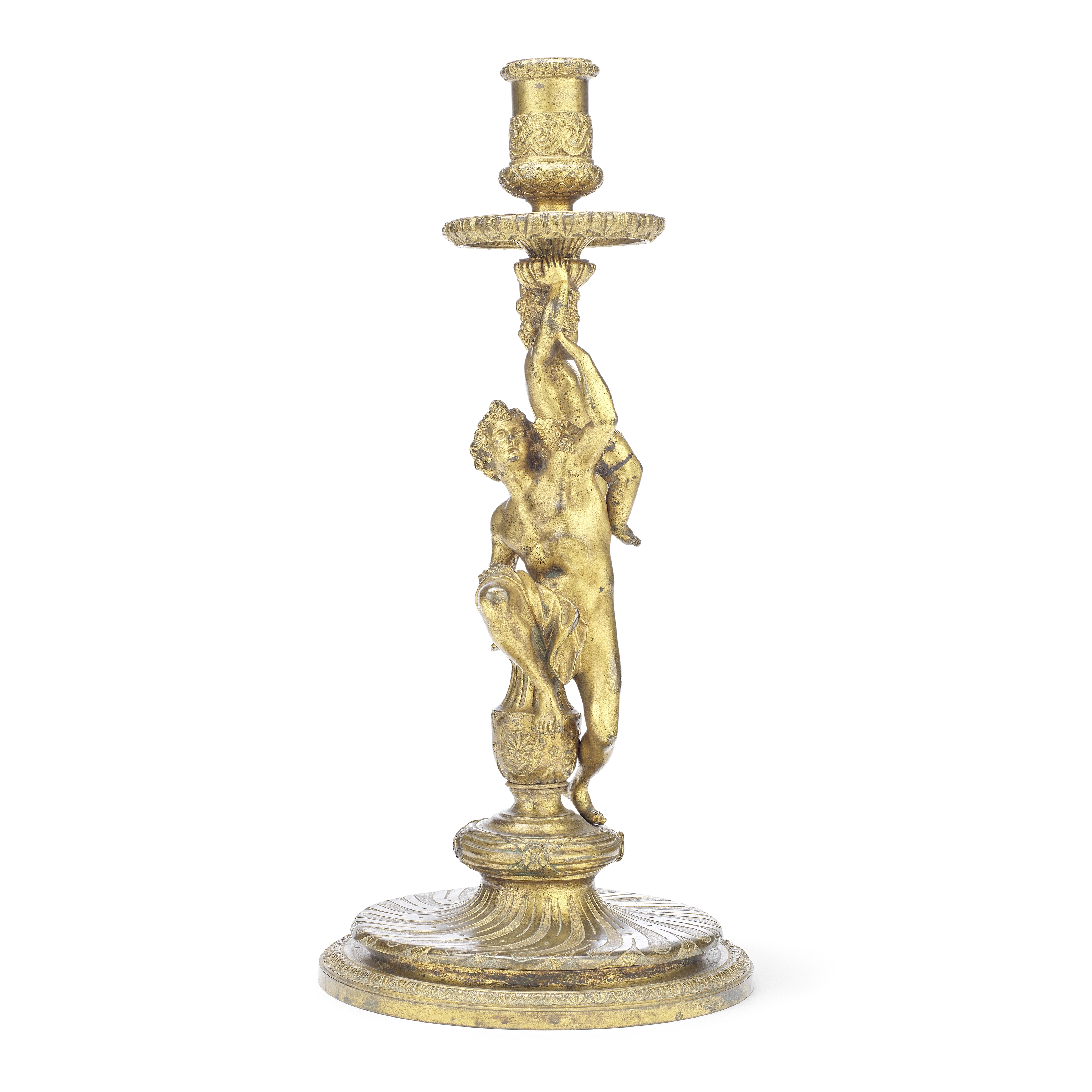 A French gilt bronze figural candlestick In the manner of Corneille Van Cleve (French, 1646-1732...