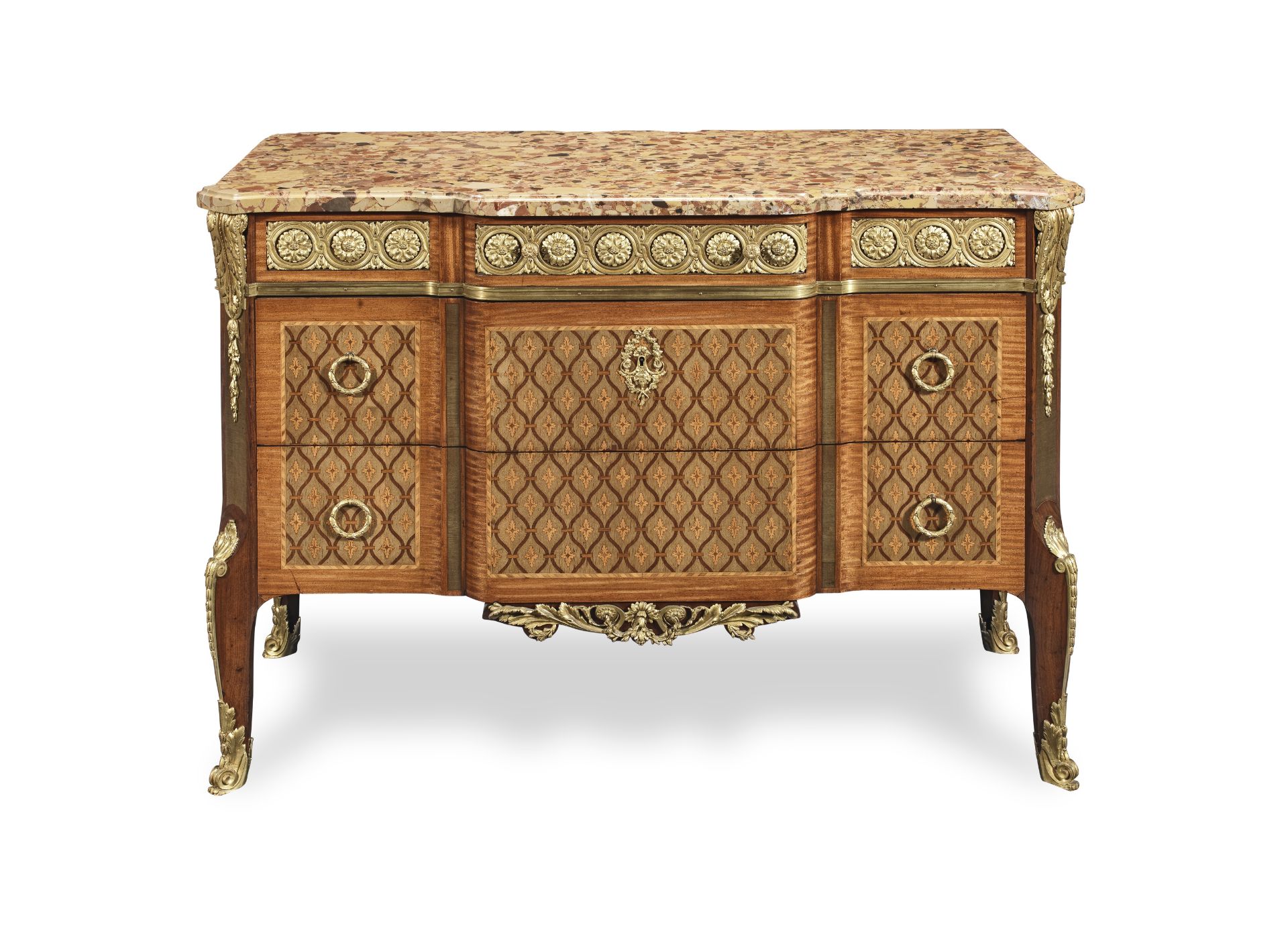 A French late 19th century ormolu mounted mahogany, bois satine, amaranth and stained sycamore ma...