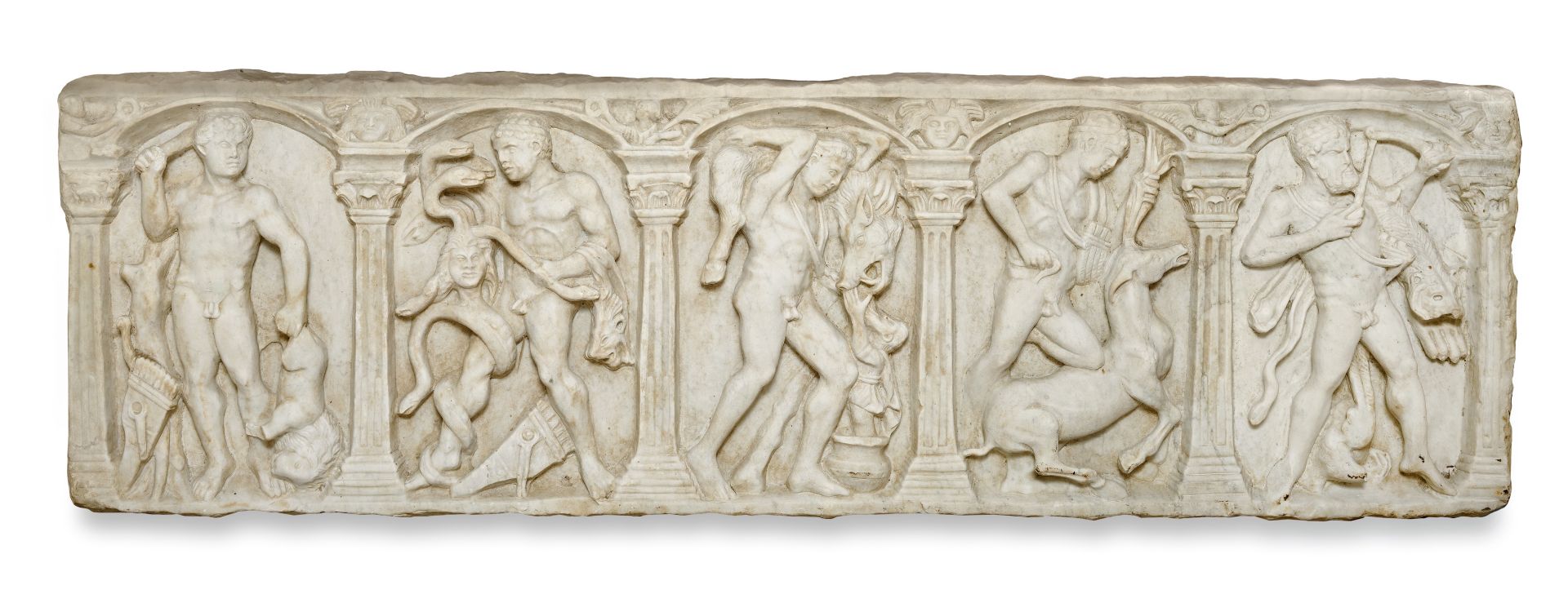 An Italian carved white marble figural relief depicting five of the Labours of Hercules In the an...