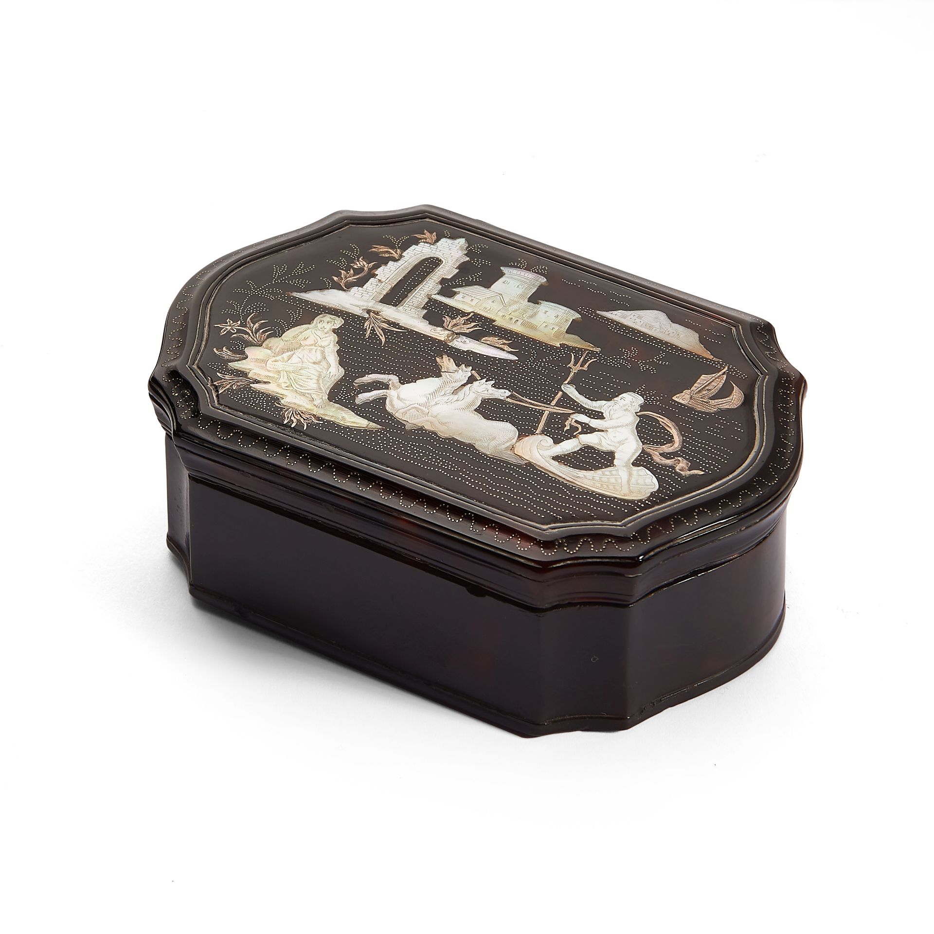 A third quarter 18th century Italian tortoiseshell, mother-of-pearl inset and gold inlaid piqu&#2...