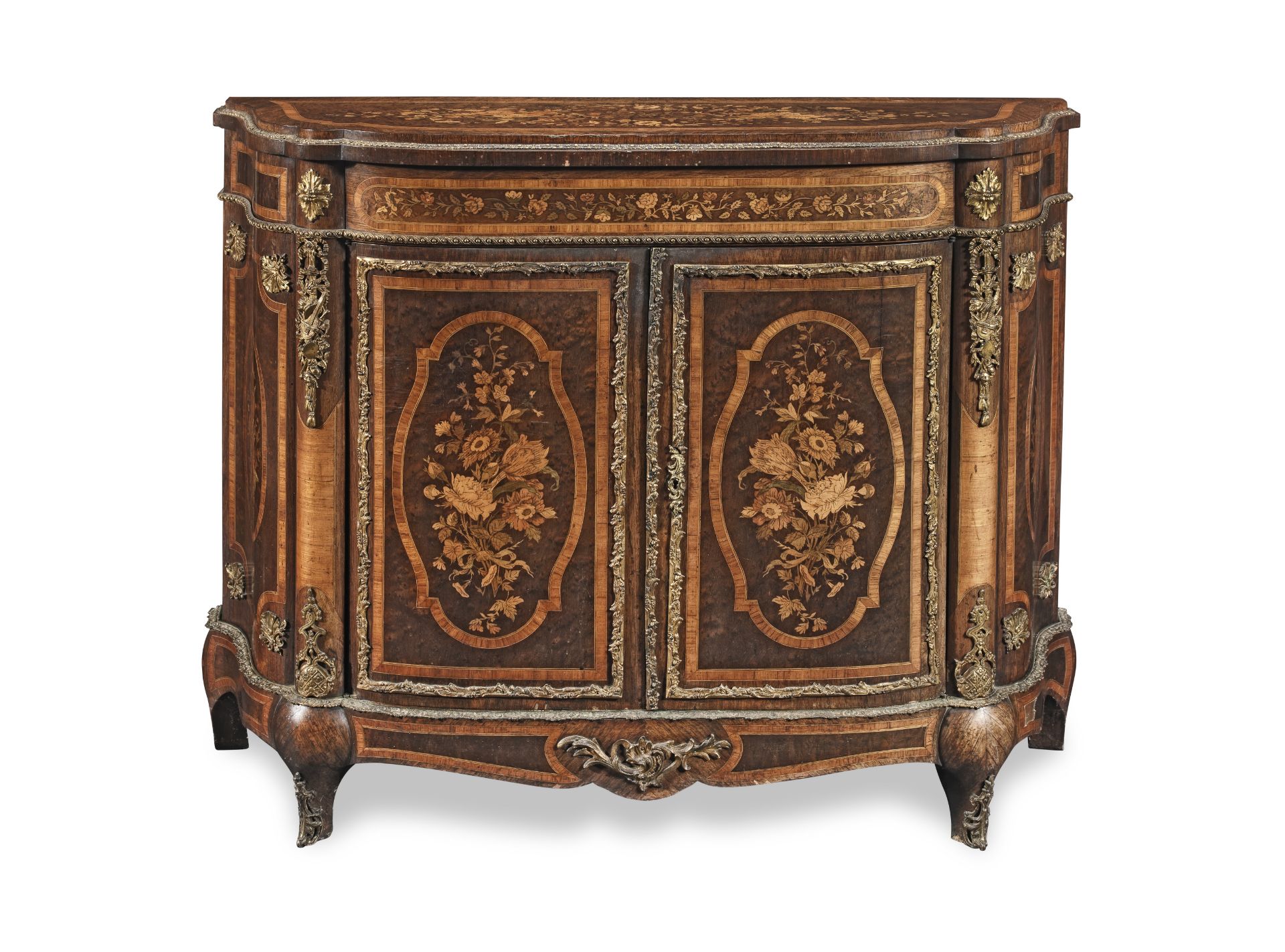 A Napoleon III ormolu mounted birds' eye maple, rosewood, tulipwood crossbanded, stained sycamore...