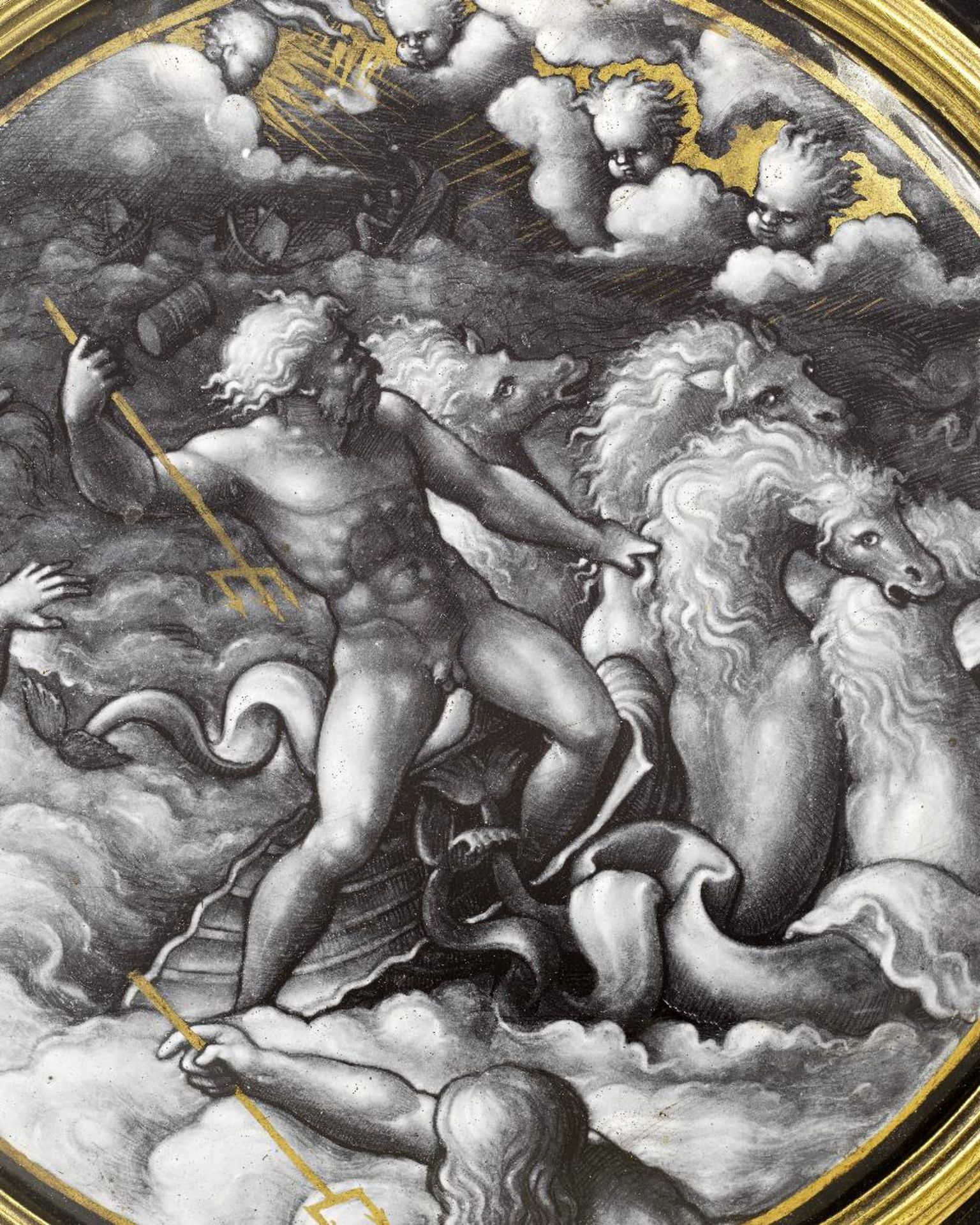 A Limoges grisaille and gilt enamel plaque depicting Neptune calming the storm, the scene derived... - Bild 2 aus 2
