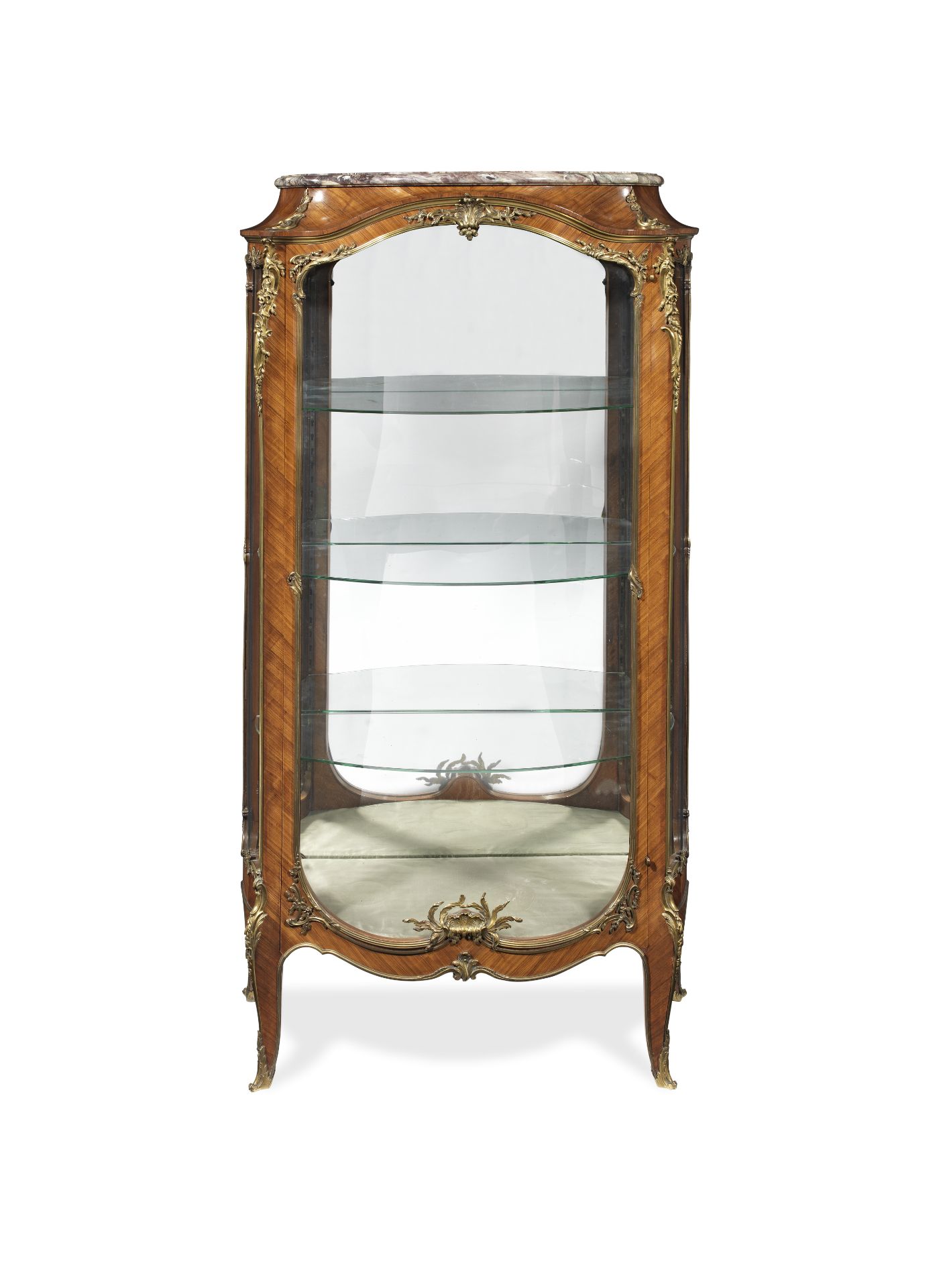 A French late 19th/early 20th century ormolu mounted kingwood bowfront vitrine by Francois Linke ...