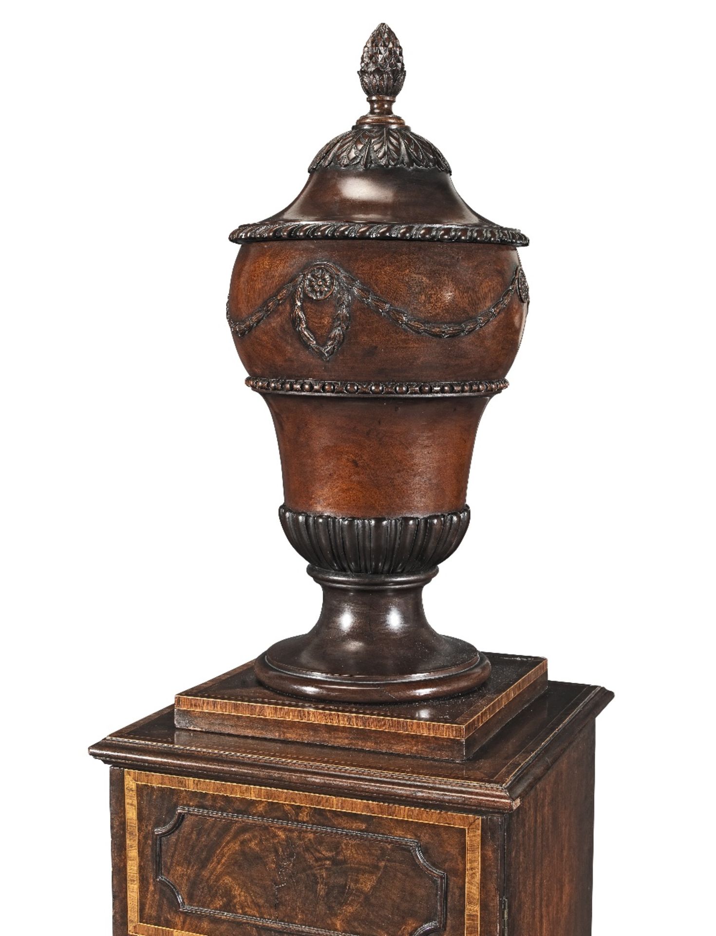 A pair of George III mahogany and kingwood crossbanded urns and pedestals Circa 1780, of Gillows ... - Image 3 of 3