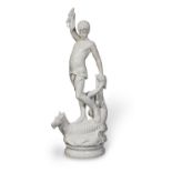 A late 19th century Italian carved white marble figure of a young sprite riding a seahorse Possi...