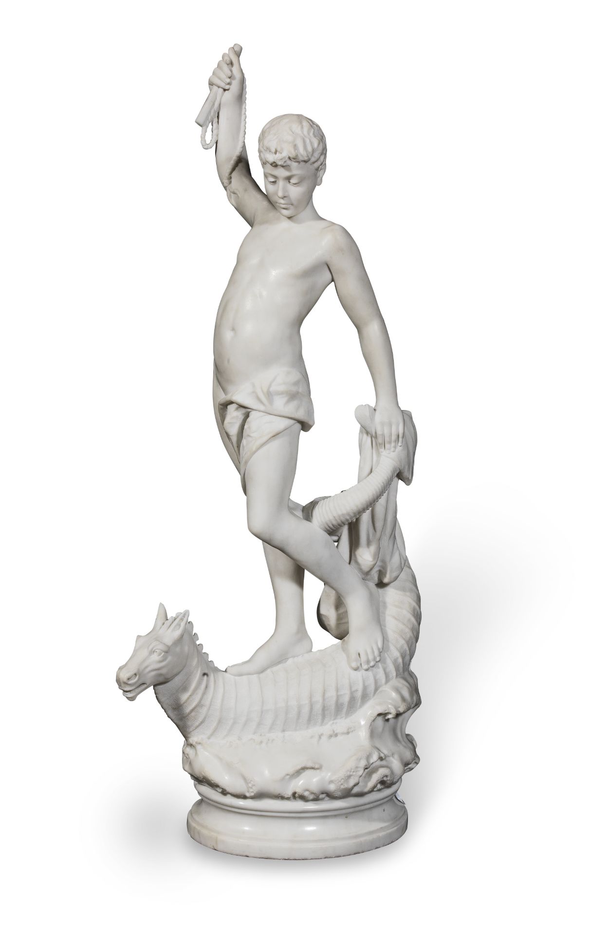 A late 19th century Italian carved white marble figure of a young sprite riding a seahorse Possi...
