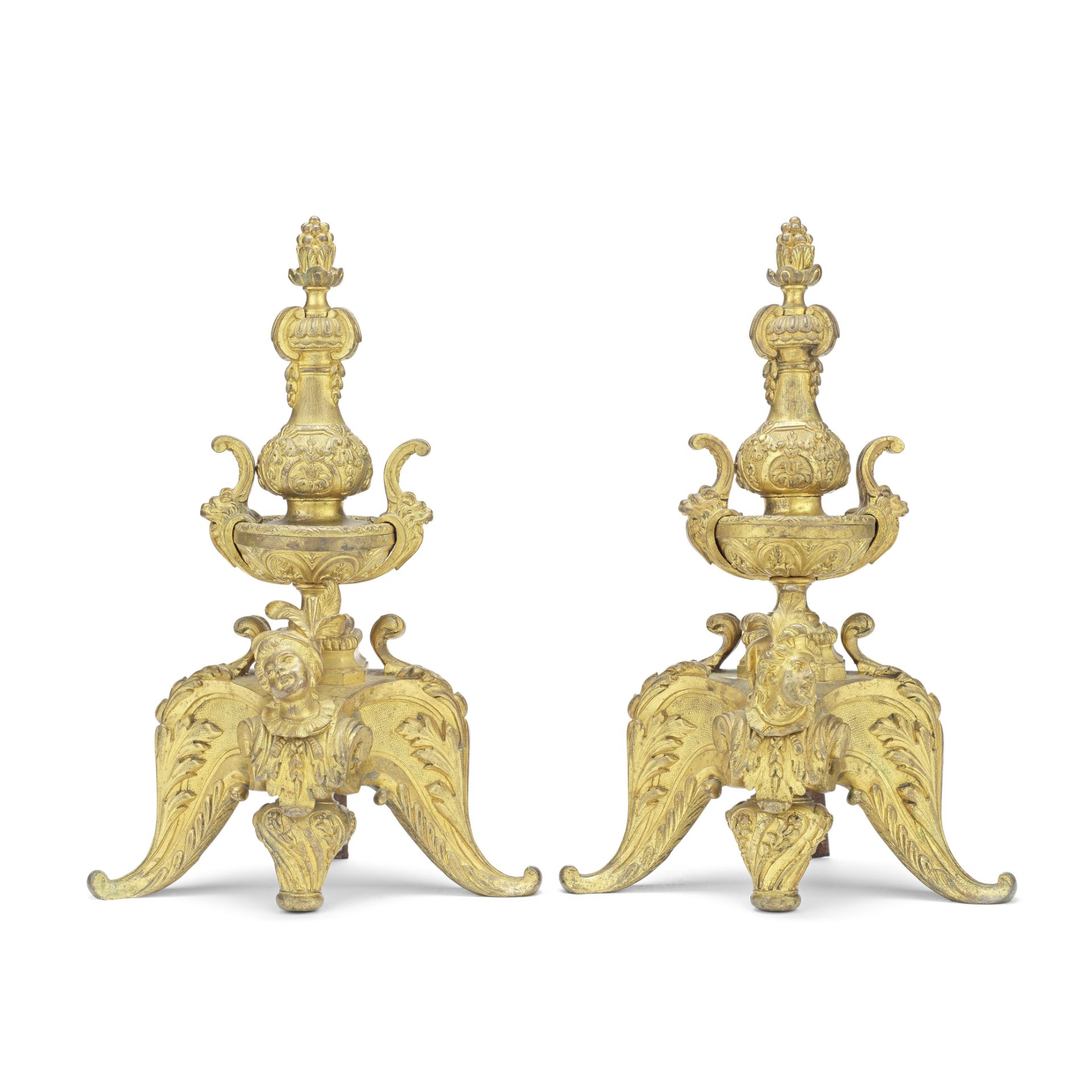 A pair of French gilt bronze chenets In the R&#233;gence style, probably first quarter 18th cent...
