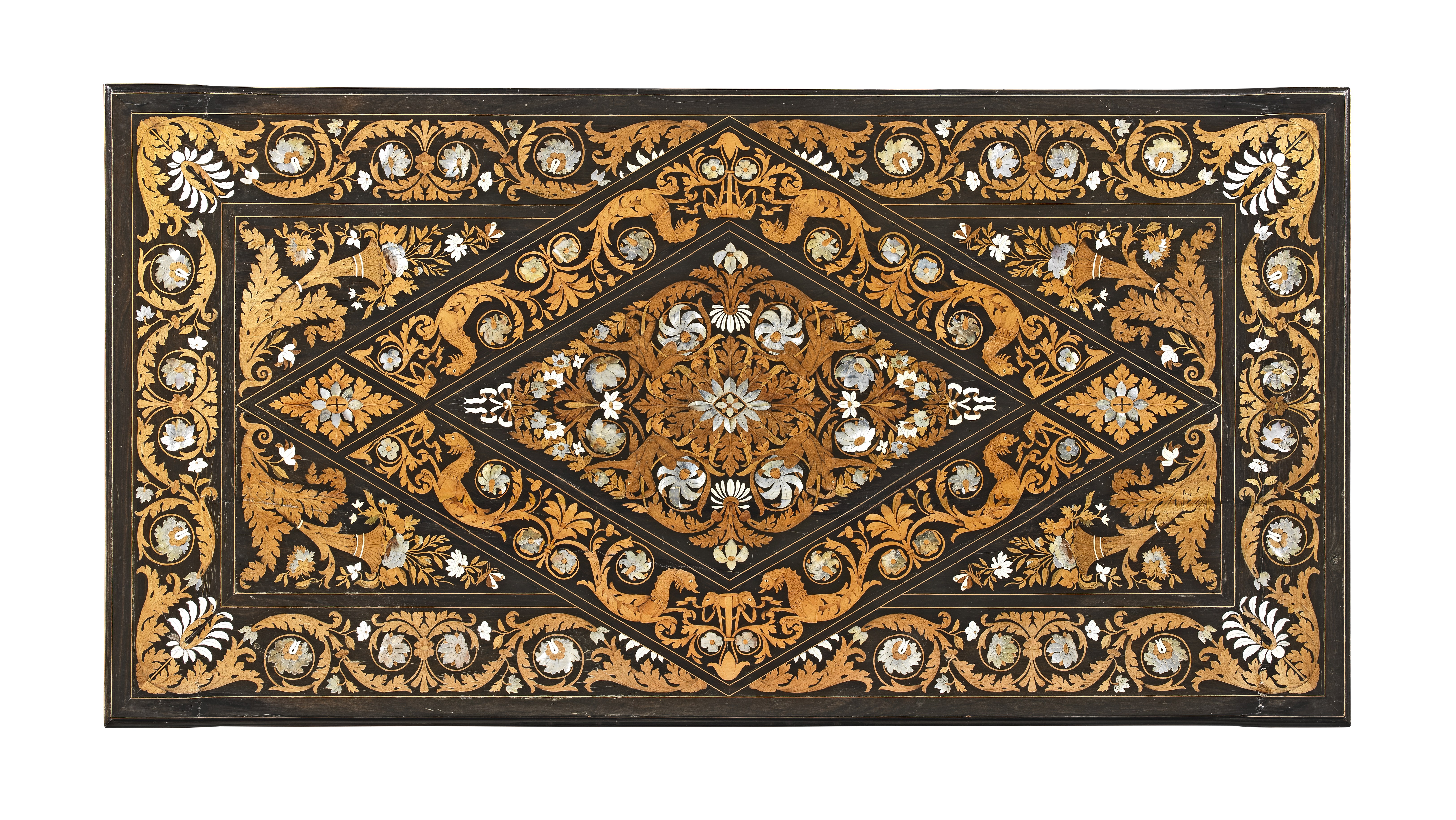 An Italian mid 19th century ebony, walnut, ivory, mother of pearl and fruitwood marquetry ebonise...