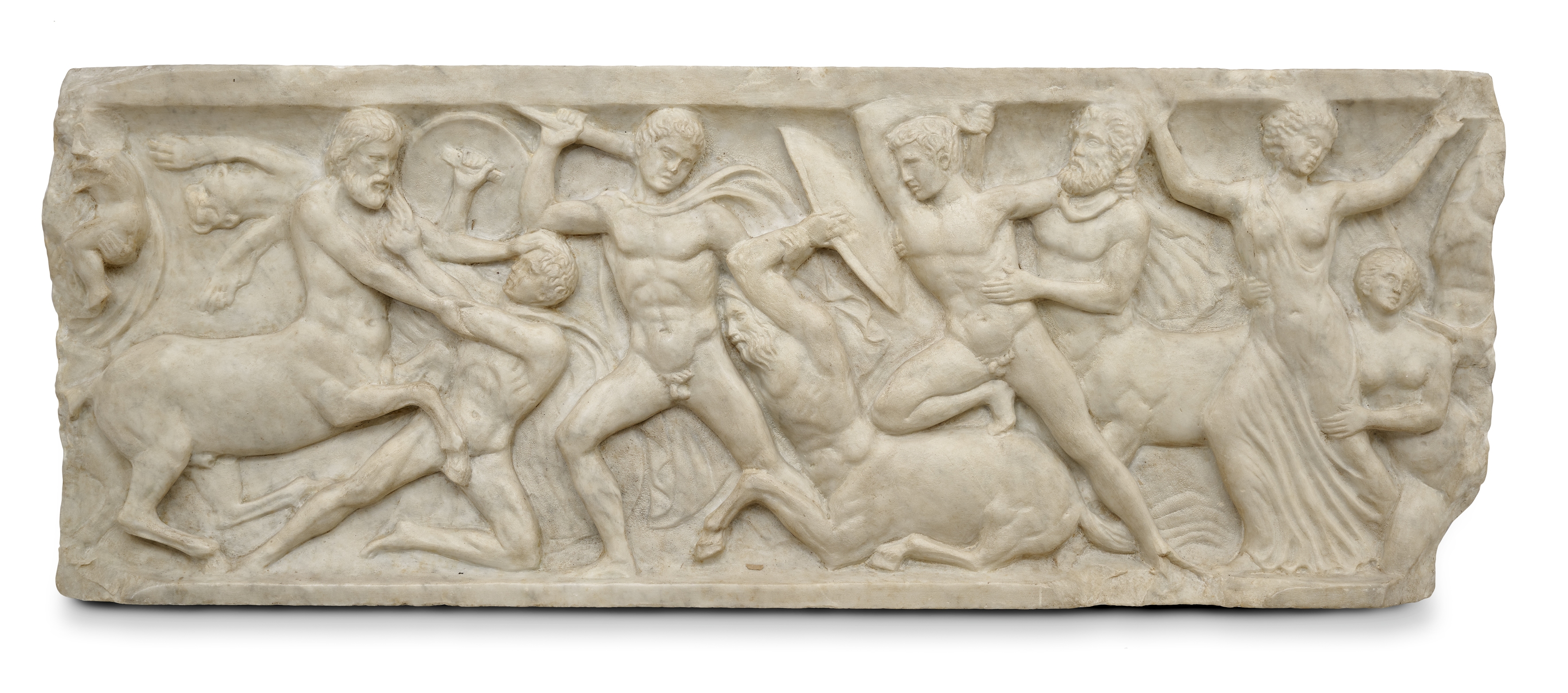 An Italian carved white marble figural frieze depicting the Battle of the Centaurs and Lapiths Af...