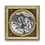 A Limoges grisaille and gilt enamel plaque depicting Neptune calming the storm, the scene derived...