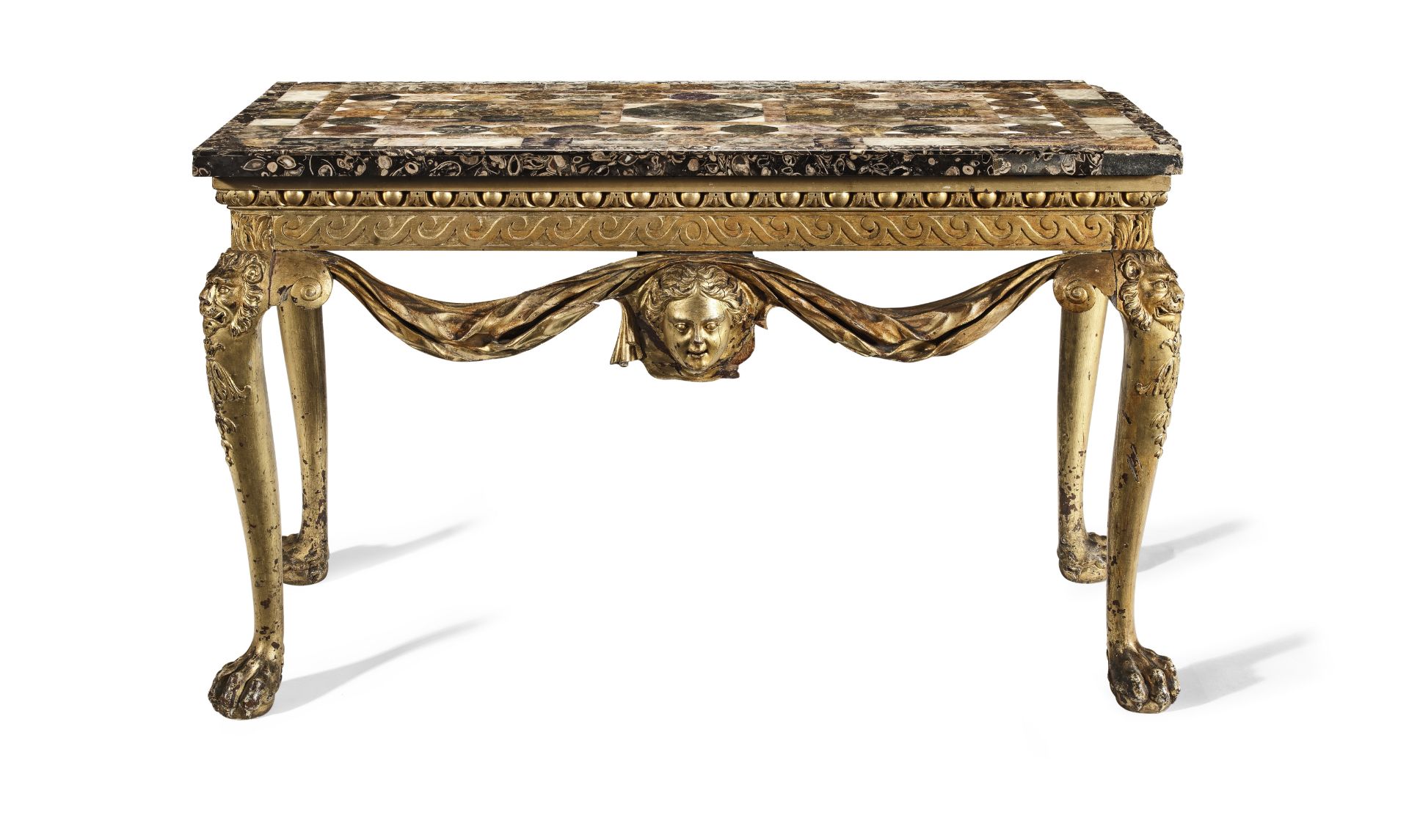 An important George II giltwood side table with a specimen top comprised of assorted hardstones, ...