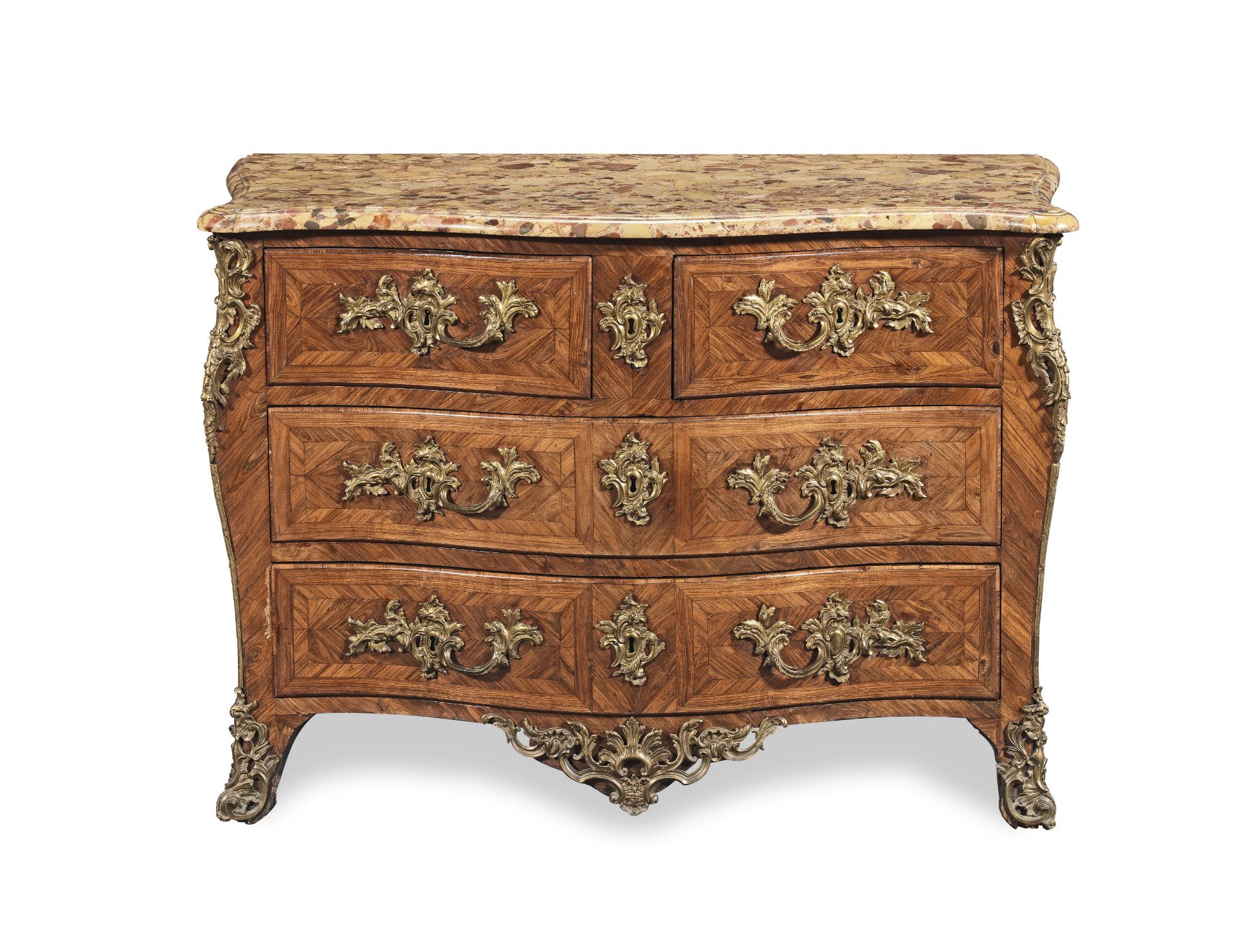 A Louis XV ormolu mounted kingwood serpentine commodeCirca 1750