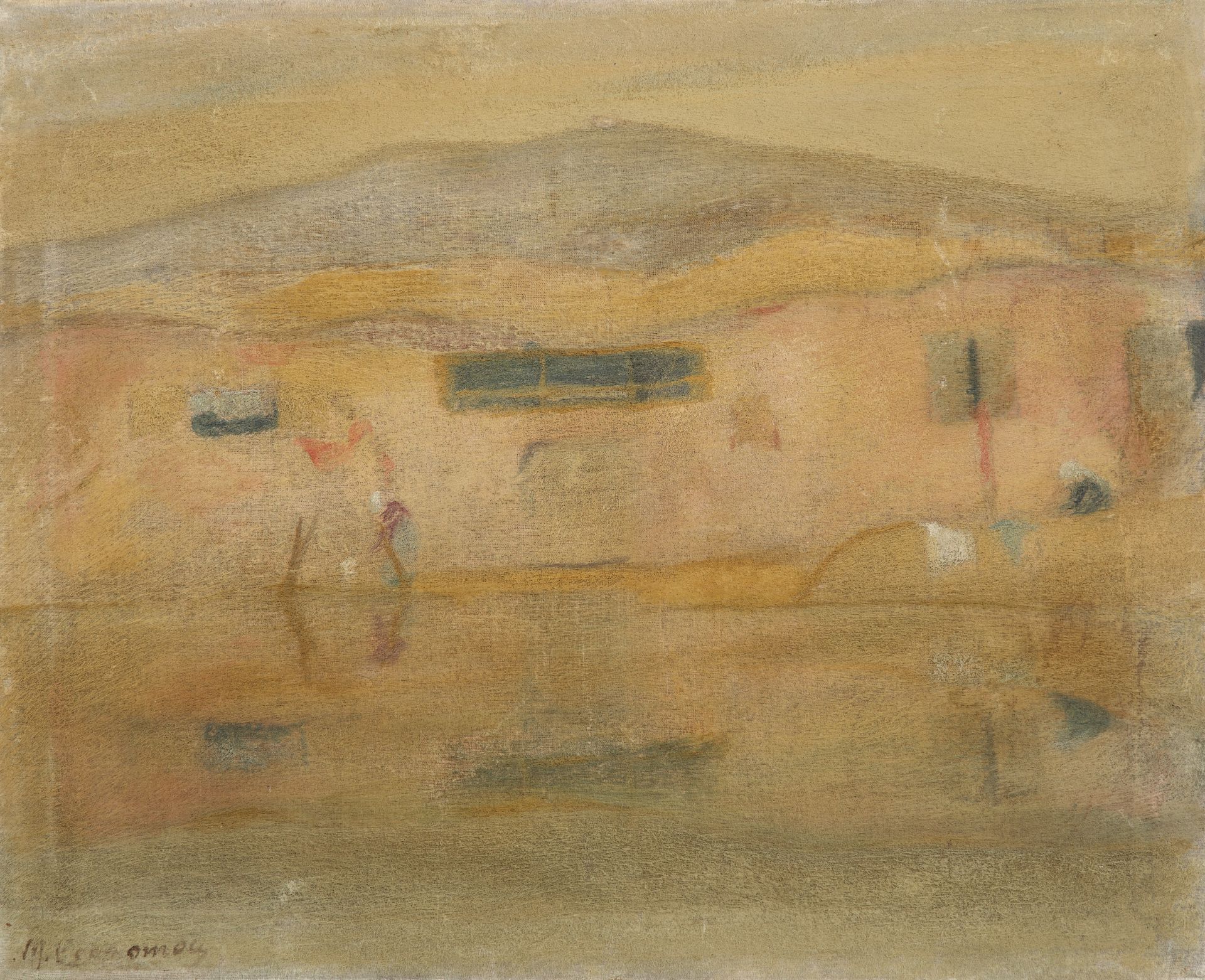 Michalis Economou (Greek, 1888-1933) Cabanes de p&#232;che (signed (lower left) oil on flannel la...