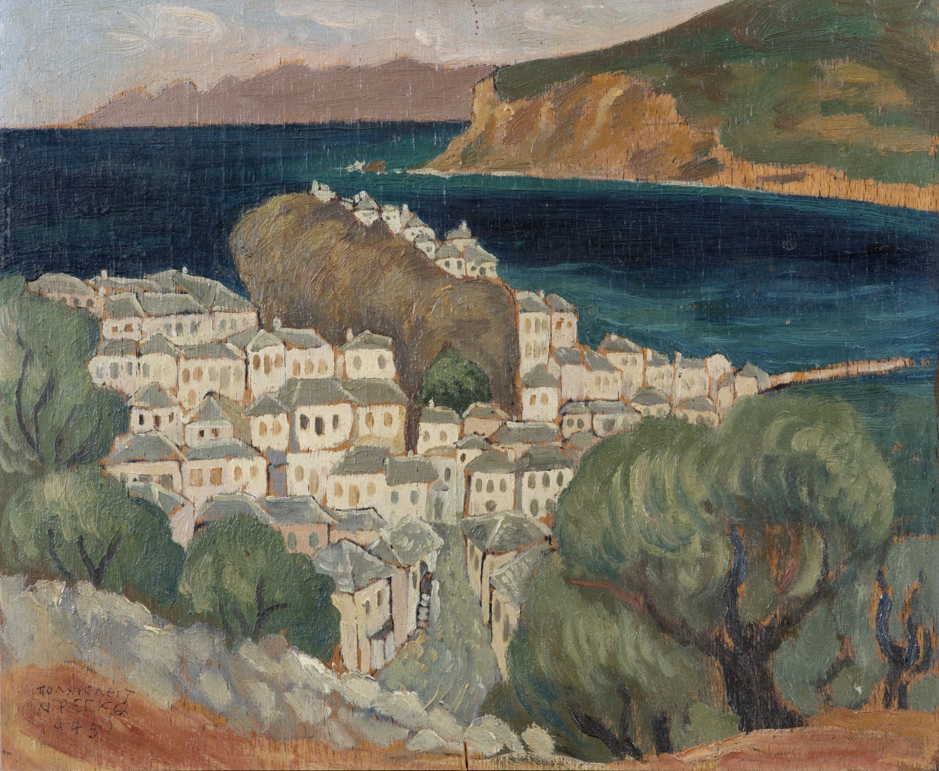 Polykleitos Rengos (Greek, 1903-1984) L'&#238;le de Skopelos sans cadre/ unframed (signed in Gre...