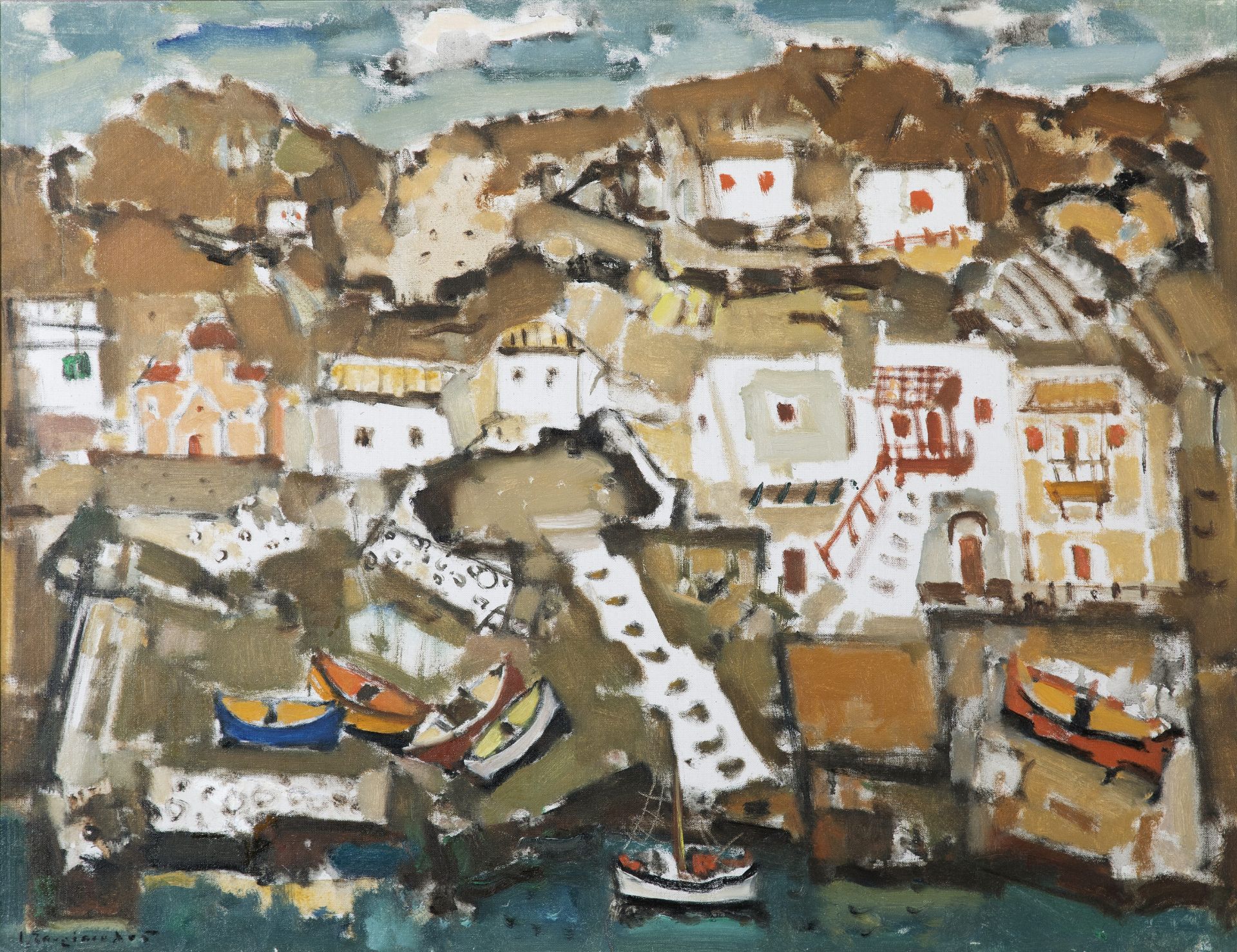 Yiannis Spyropoulos (Greek, 1912-1990) Bateaux sur la plage de Mykonos (Peint en 1954.signed in G...