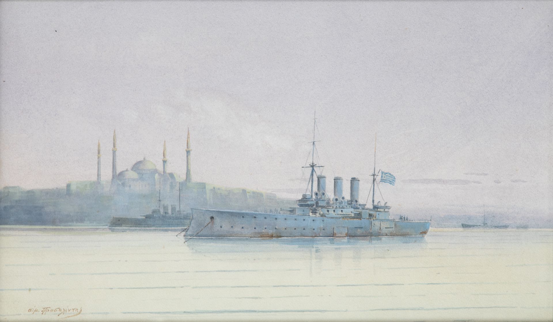 Emilios Prossalentis (Greek, 1859-1926) Le cuirass&#233; Averof &#224; Constantinople (signed in ...