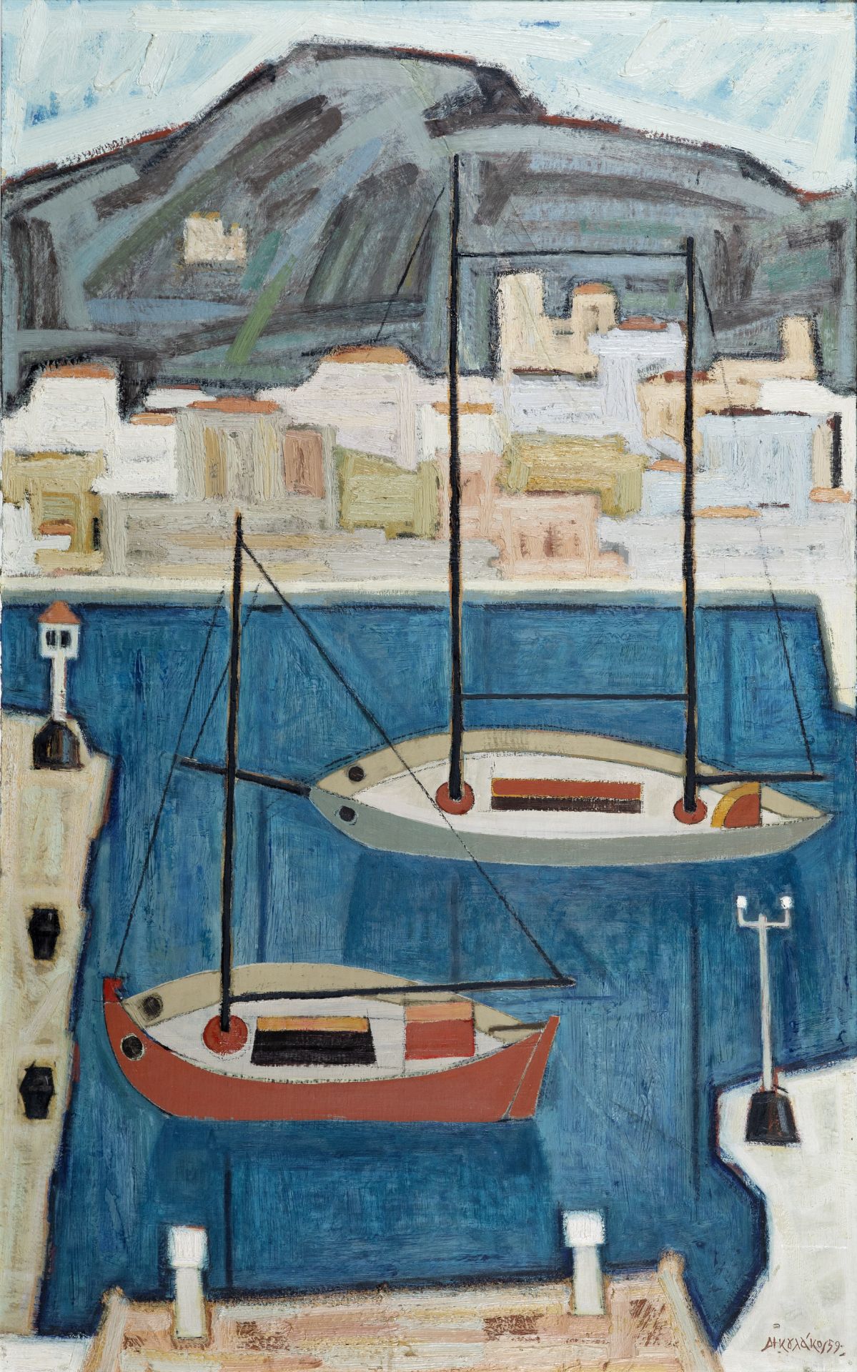 Ilias Dekoulakos (Greek, 1929-1998) Le port d'Hydra (Peint en 1959.signed in Greek and dated (low... - Image 2 of 2