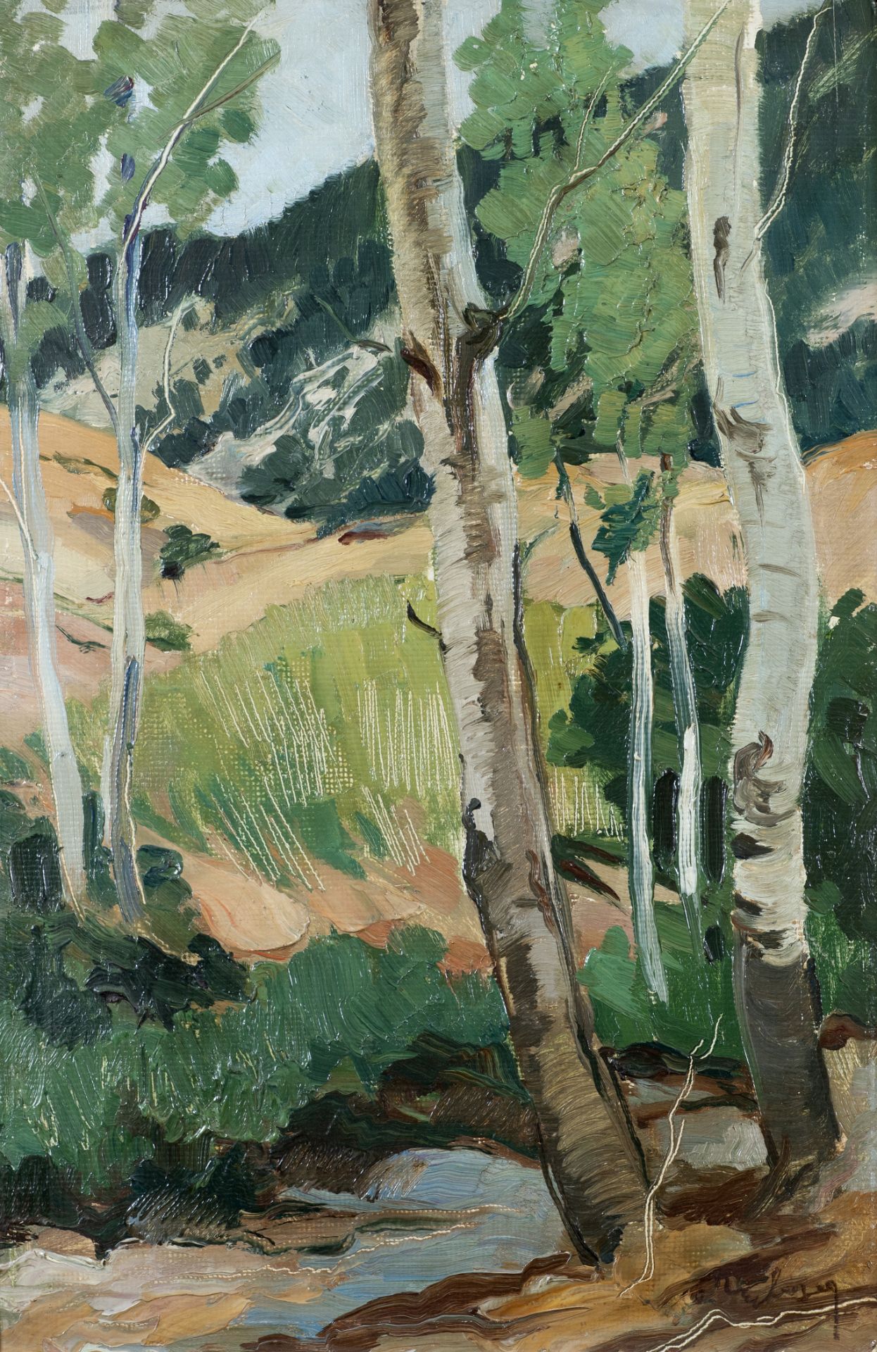 Othon Pervolarakis (Greek, 1887-1974) Vue sur la colline (signed in Greek (lower right)oil on ca...