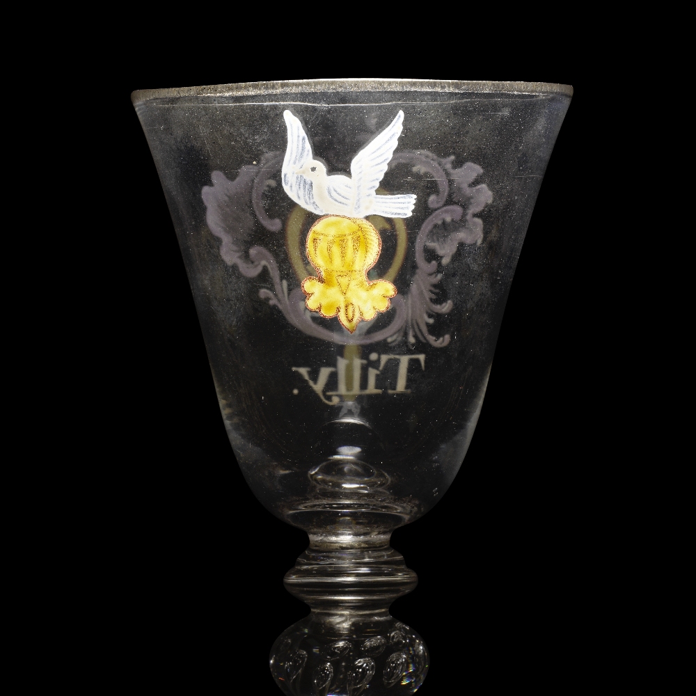A very rare Beilby enamelled armorial light baluster 'Tilly' wine glass, circa 1765-69 - Image 2 of 2