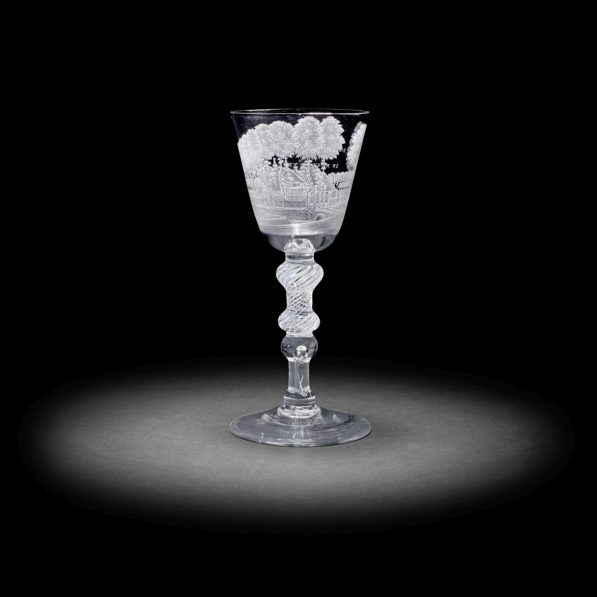 A fine Dutch engraved composite stem light baluster goblet signed by Jacob Sang, dated 1760