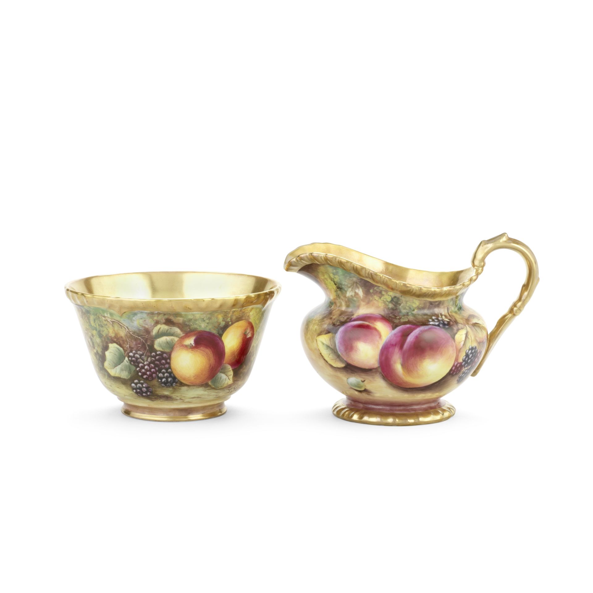 A Royal Worcester 'Painted Fruit' milk jug and sugar bowl by Terry Nutt and James Skerrett, circa...