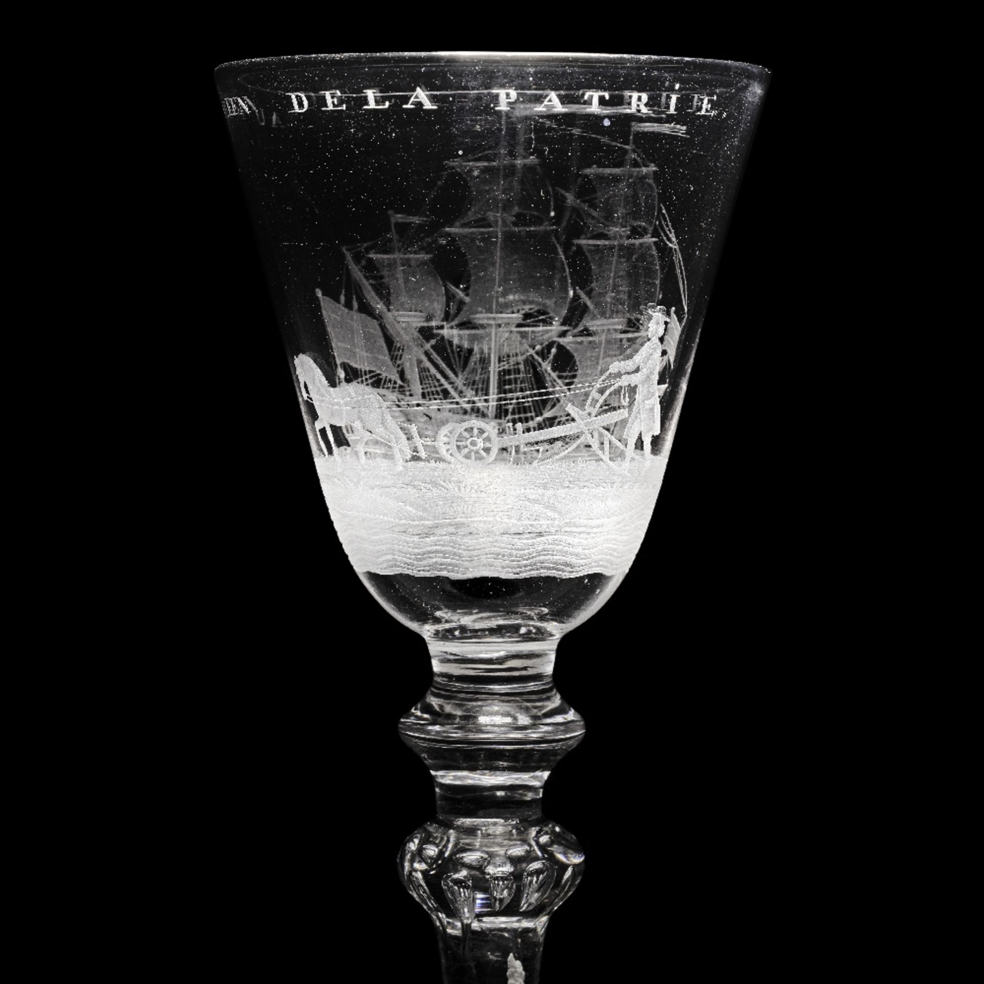 An exceptional engraved light baluster wine glass signed by Jacob Sang, dated 1760 - Image 3 of 3