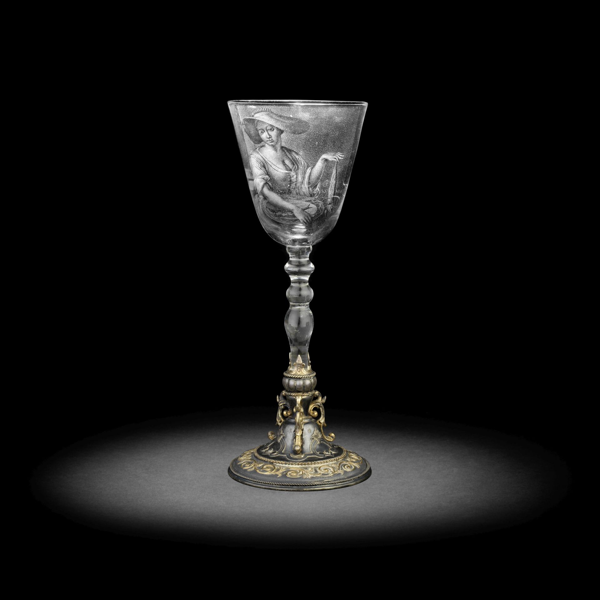 A very rare Dutch stipple-engraved light baluster goblet by Frans Greenwood, circa 1744