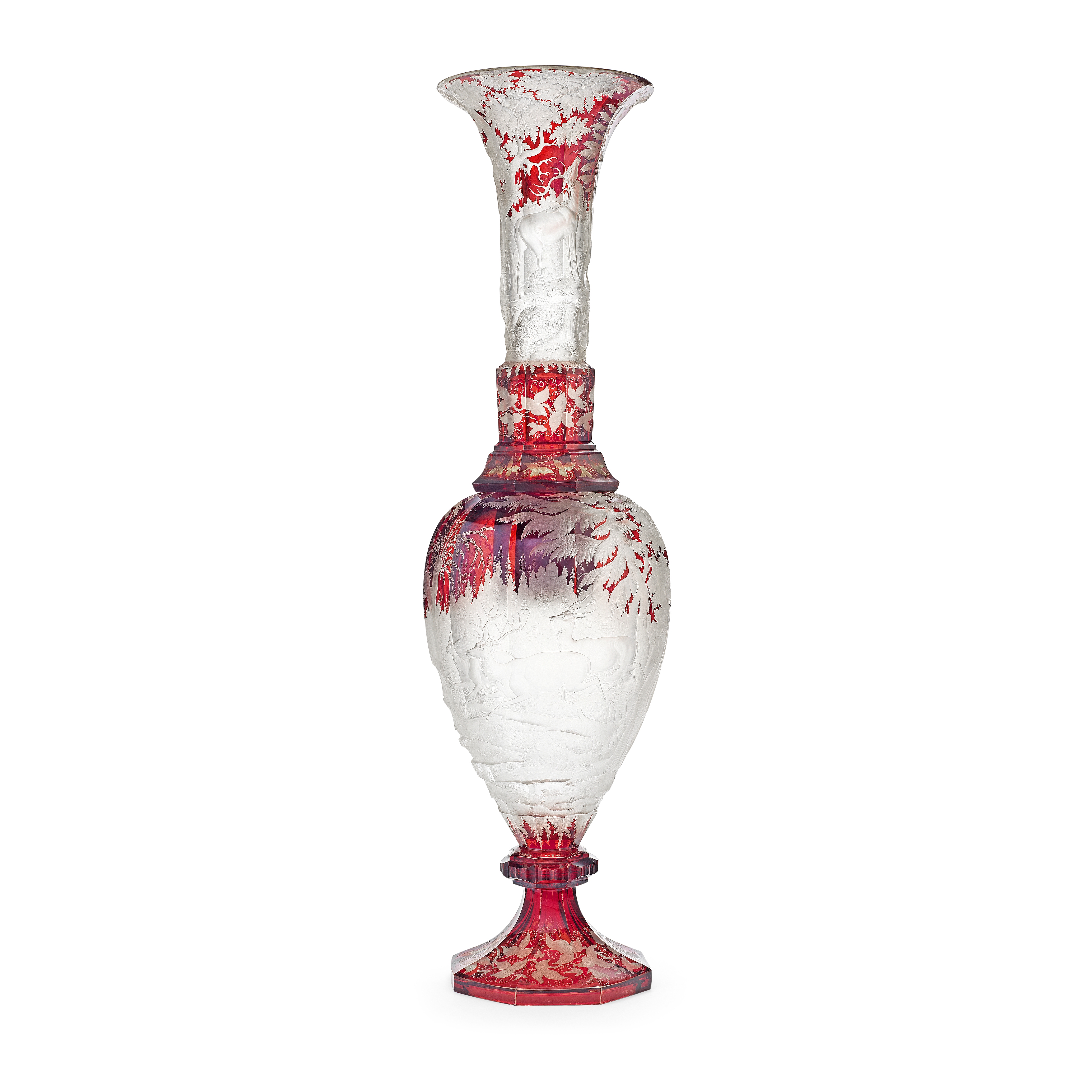 An impressive Bohemian ruby stained and engraved exhibition vase, circa 1850-60