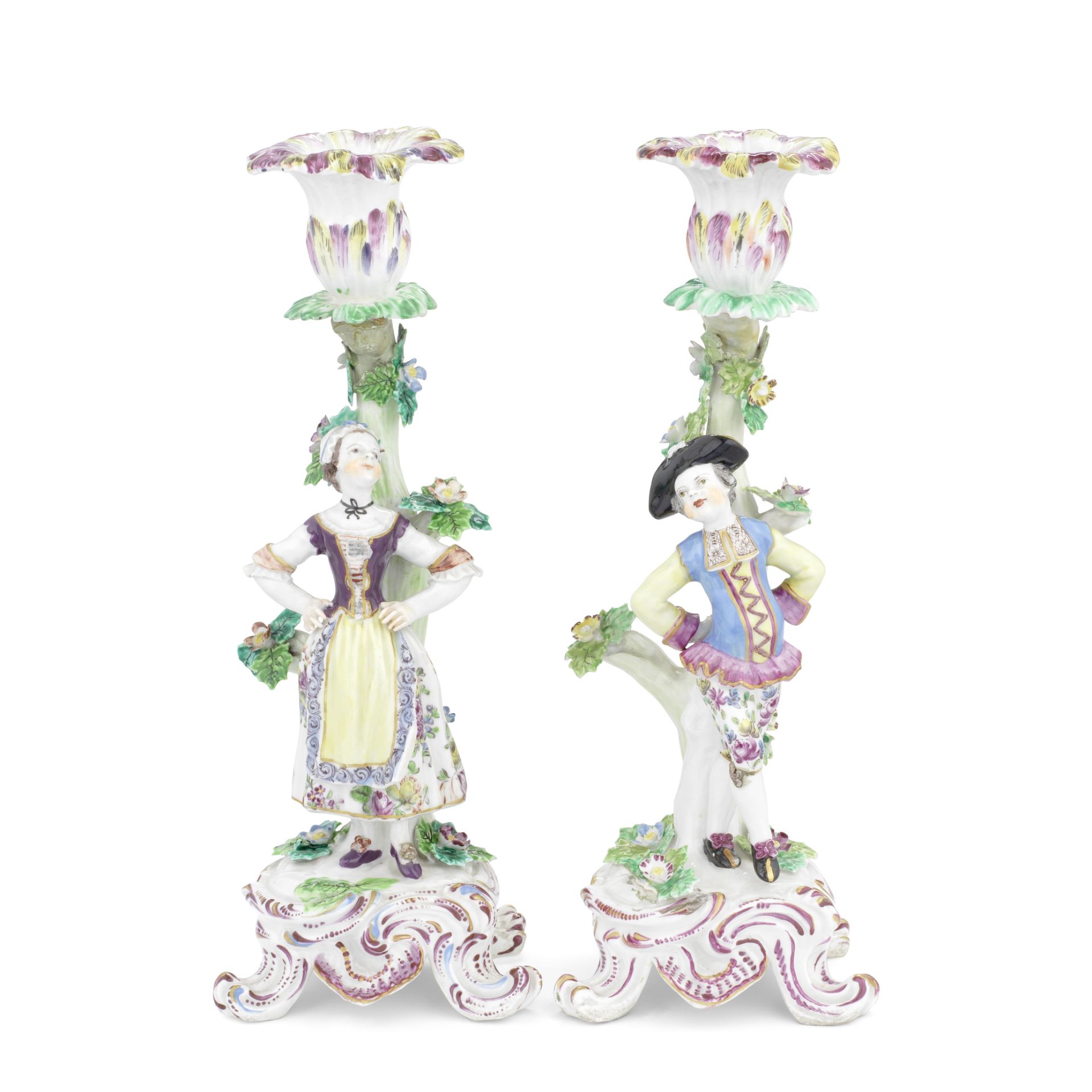 A pair of Bow candlestick figures of 'Dutch Dancers', circa 1765
